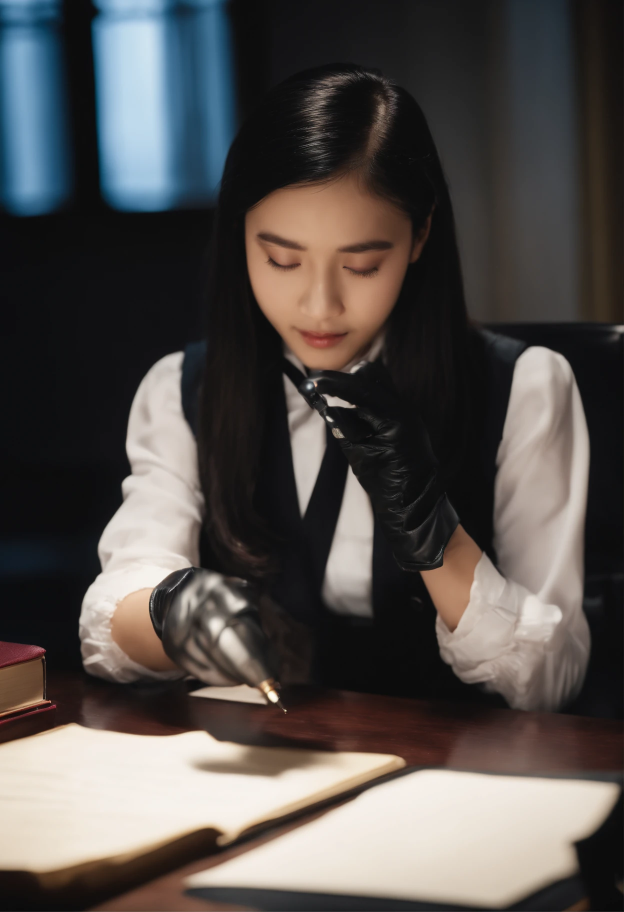 Wearing black leather gloves in both hands, upper body, black blazer uniform, facing the desk in the modern study in the dark, looking down and smiling, writing a letter using a fountain pen, long, straight black hair, young Japanese high school girl (black leather gloves cover both hands)