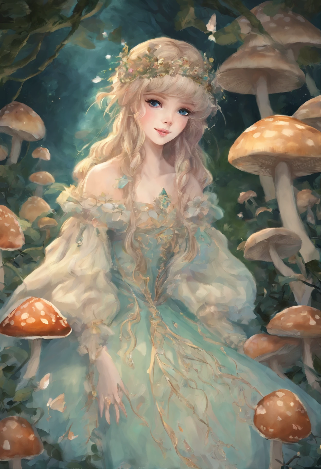 Masterpiece:1.4),, (Best quality:1.4),, Ultra-high RES,, 8K, CG,, (Extremely delicate and beautiful:1.2),,The upper part of the body,, 1girll,, Solo,, fashi-girl,, Thumbelina,Little princess,Blue taffeta court dress skirt,Under huge mushrooms,forest backgrou ,Delicate depiction of facial features,almond eyes,Delicate eyeliner。long eyelasher,greene eyes,Black pupils,There is starlight in the eyes,Delicate lip detailing,Oil painting quality,Thick painting style