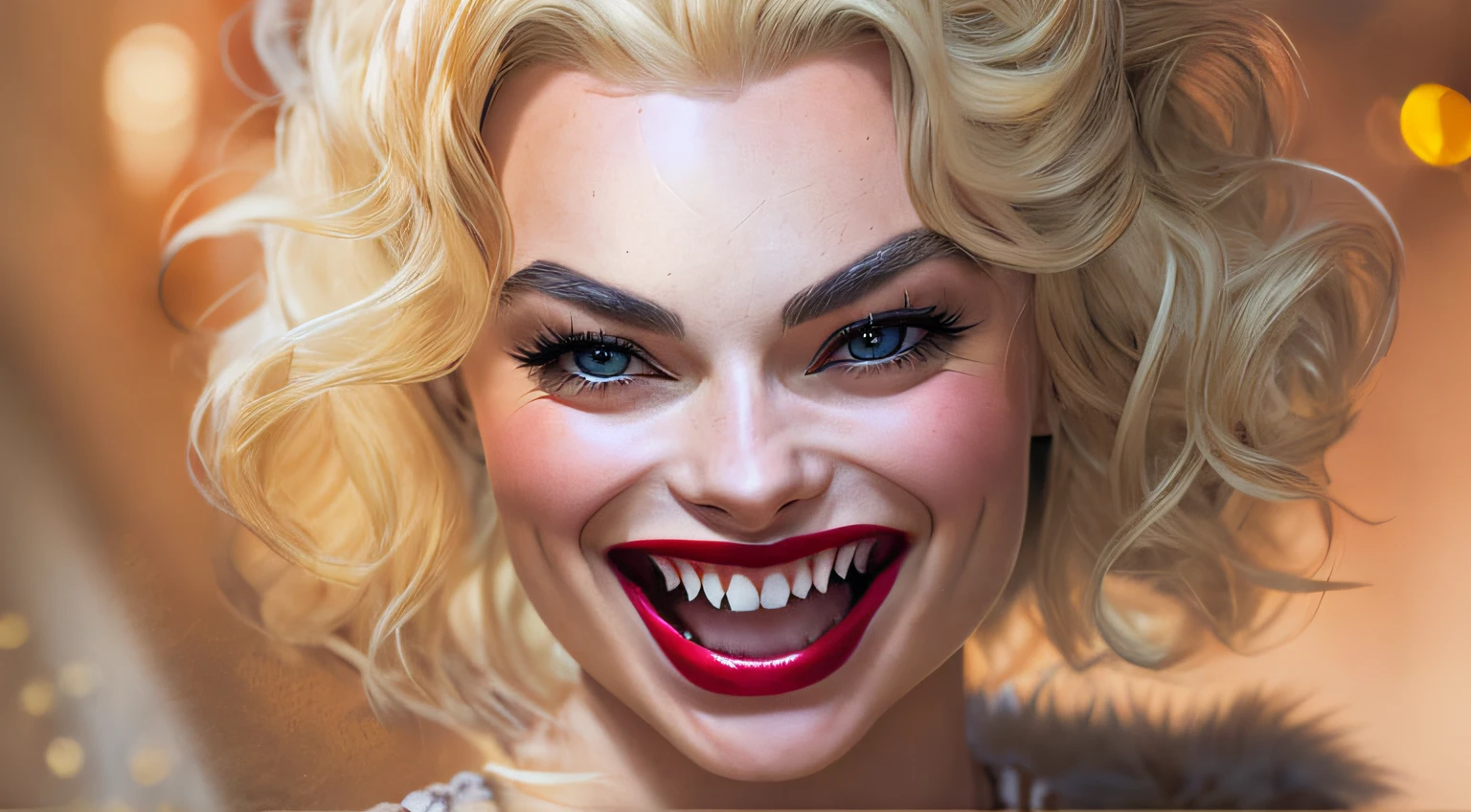 A close-up of a woman with a very big smile on her face, vampire queen, with very sharp protruding fangs and red lips, pretty female resembling Jennifer Connely, deep red shining eyes, wavy blonde hair, features of Margot Robbie, inspired by Herbert James Gunn, as vampire, sh