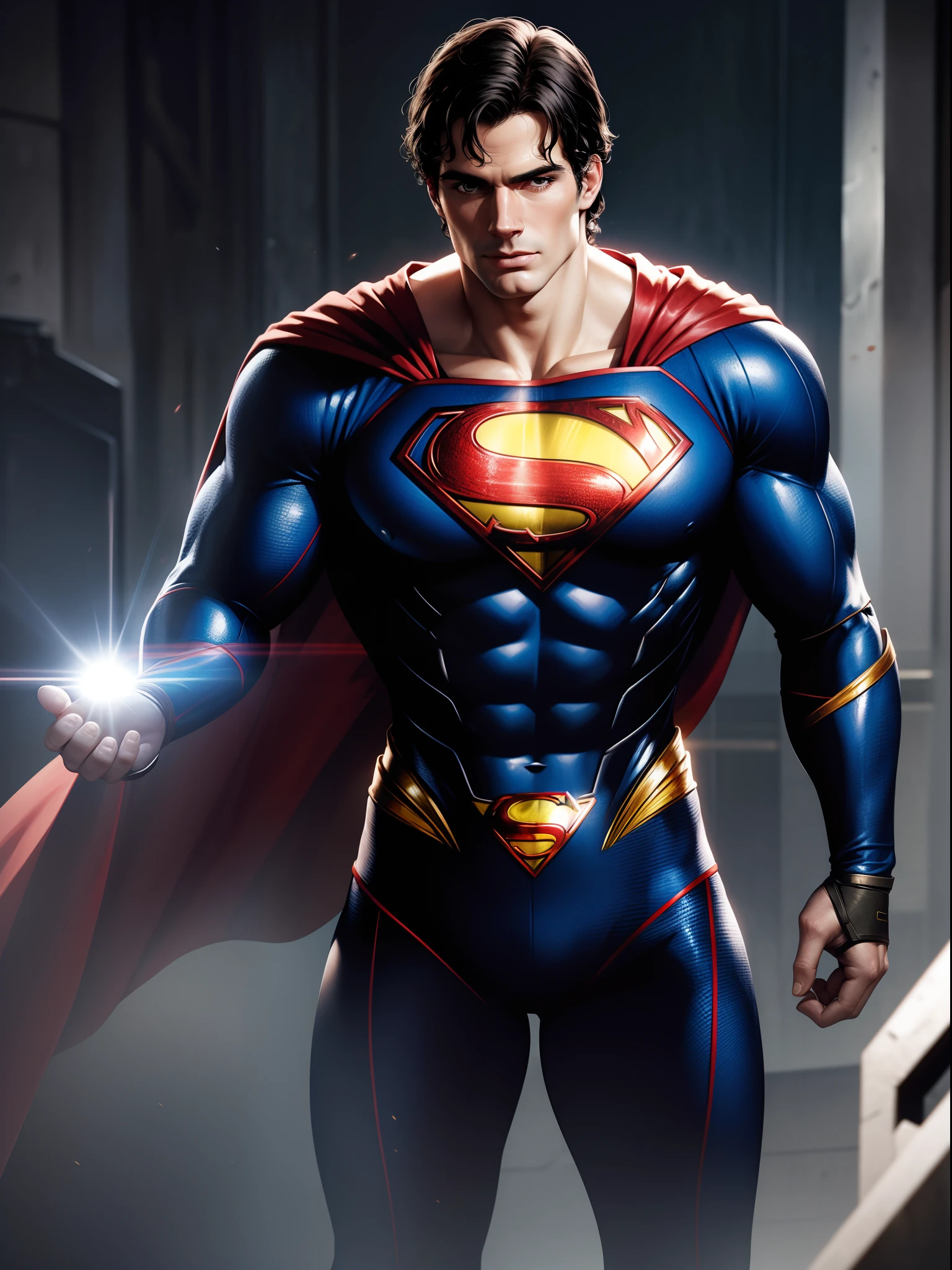 Superman as Henry Cavill, Henry Cavill Face, Human Body, Human Anatomy, with a robotic costume, Red Eye Lazer, Highly Detailed