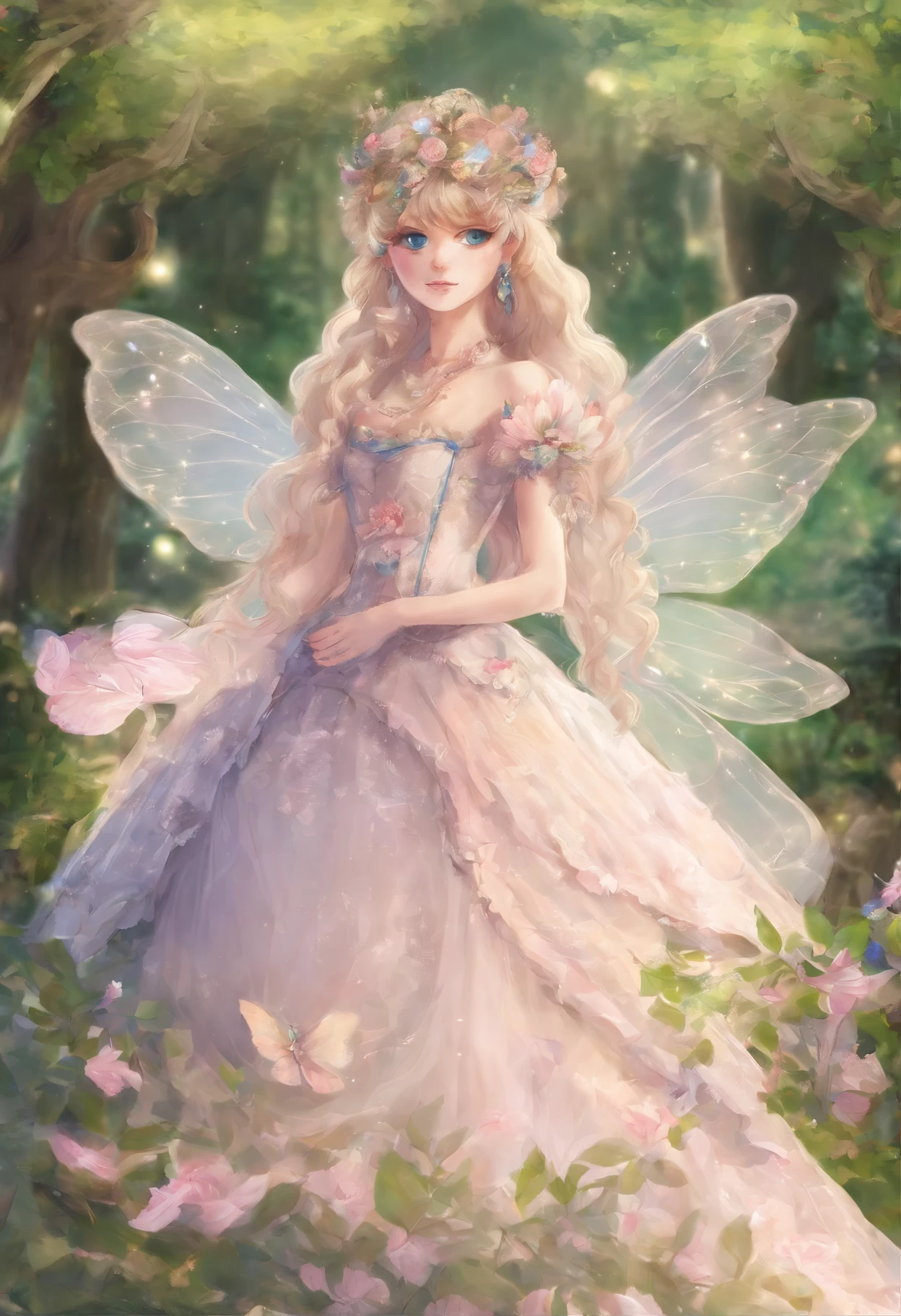 Masterpiece:1.4),, (Best quality:1.4),, Ultra-high RES,, 8K, CG,, (Extremely delicate and beautiful:1.2),,The upper part of the body,, 1girll,, Solo,, fashi-girl,, Thumbelina,Little princess,Blue taffeta court dress skirt,Under huge mushrooms,forest backgrou ,Delicate depiction of facial features,almond eyes,Delicate eyeliner。long eyelasher,greene eyes,Black pupils,There is starlight in the eyes,Delicate lip detailing,Oil painting quality,Thick painting style