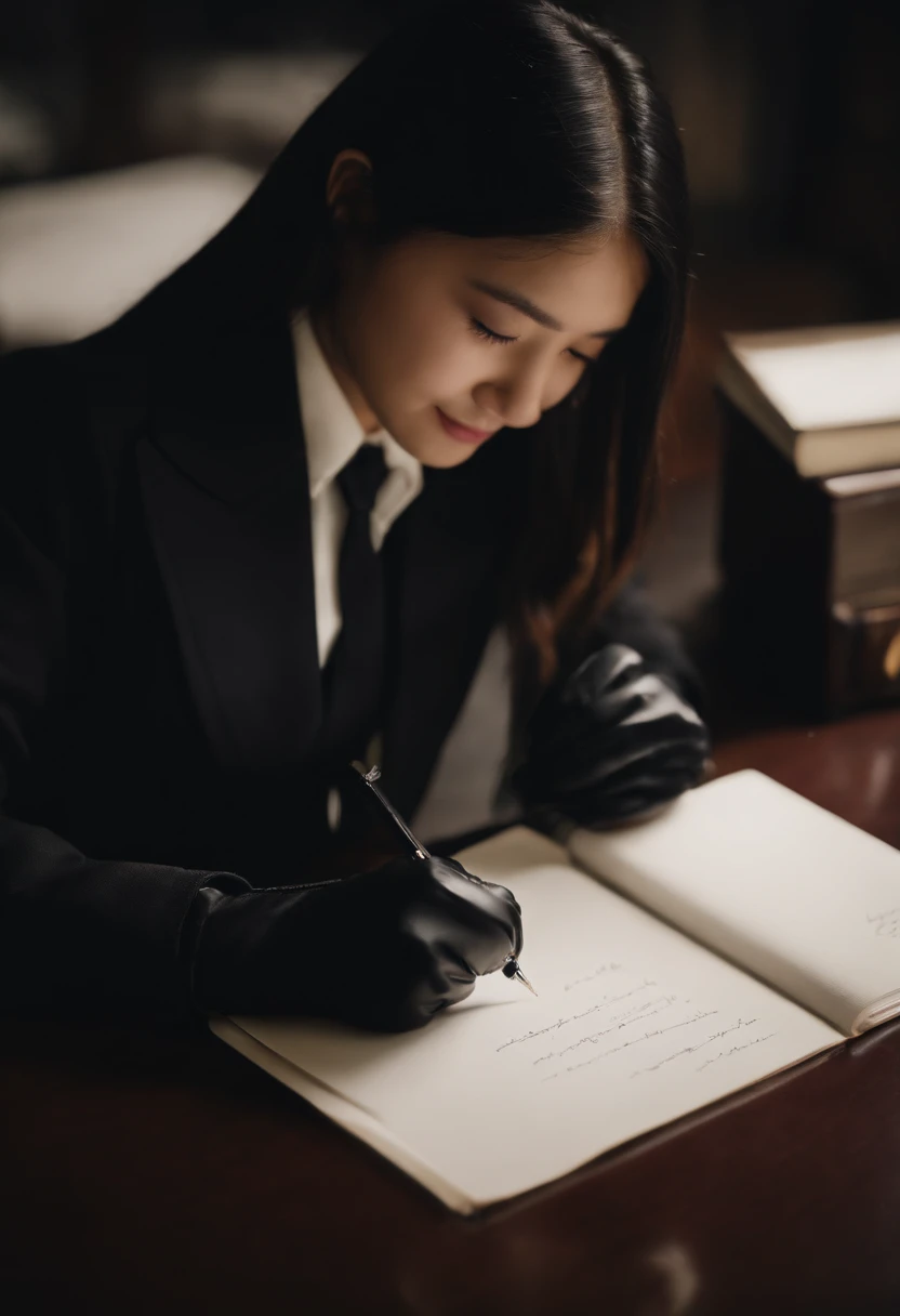 Wearing black leather gloves in both hands, upper body, black blazer uniform, facing the desk in the modern study in the dark, looking down and smiling, writing a letter using a fountain pen, long, straight black hair, young Japanese high school girl (black leather gloves cover both hands)