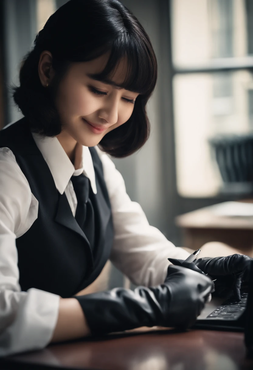 Wearing black leather gloves in both hands, upper body, black blazer uniform, facing the desk in the modern study in the dark, looking down and smiling, writing a letter using a fountain pen, long, straight black hair, young Japanese high school girl (black leather gloves cover both hands)