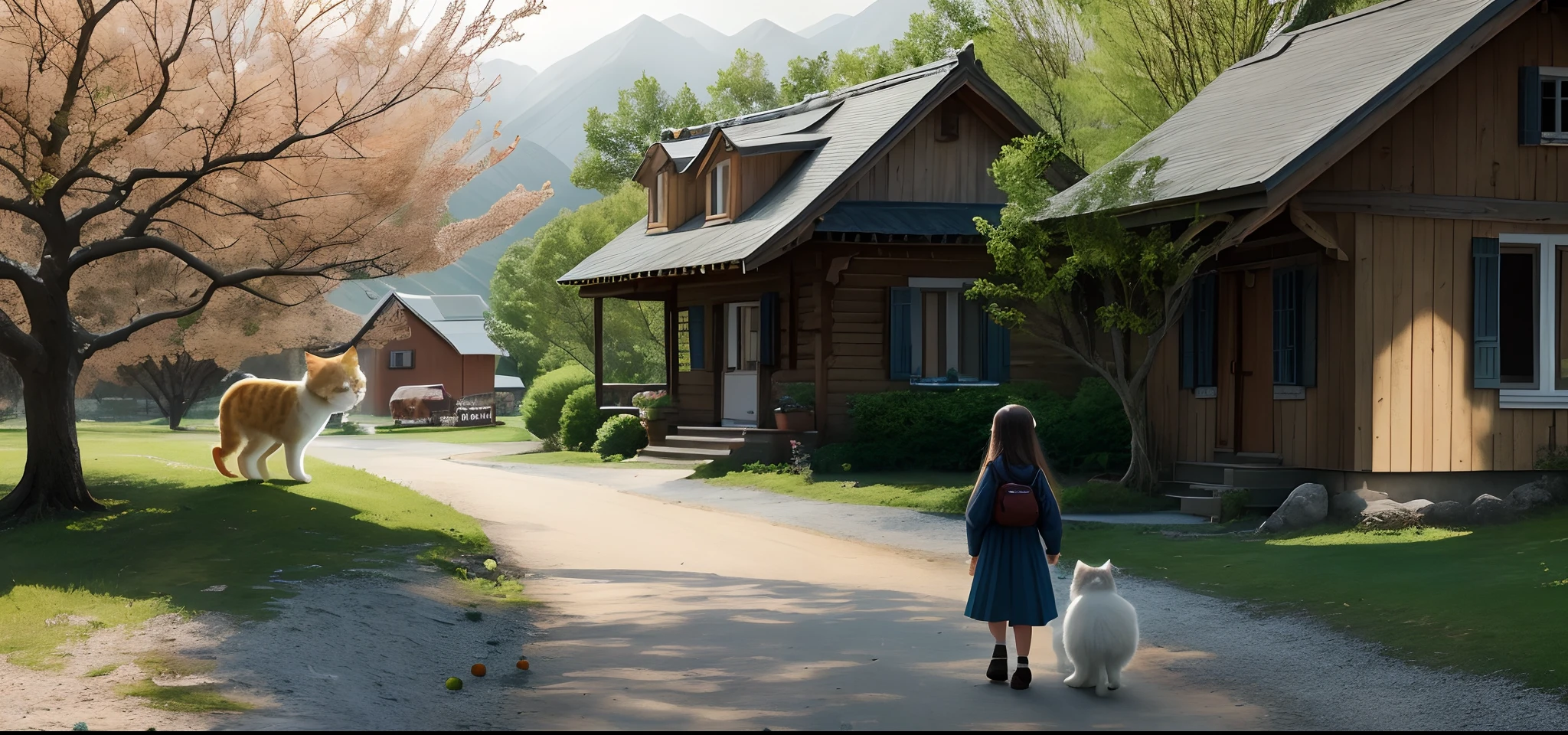 A little girl with long hair，Behind him，There is a chalet on the right，There is an apple tree on the left。There is a piece of farmland to the right of the little girl's face，Think vegetables and spices，On the left in front of the girl there is a cute Persian cat，In front of the house where you are filming, there is a path leading to the king little girl in front。The girl faces forward and there is a piece of farmland to the girl's left，The little girl and the Persian cat prepare to go for a walk