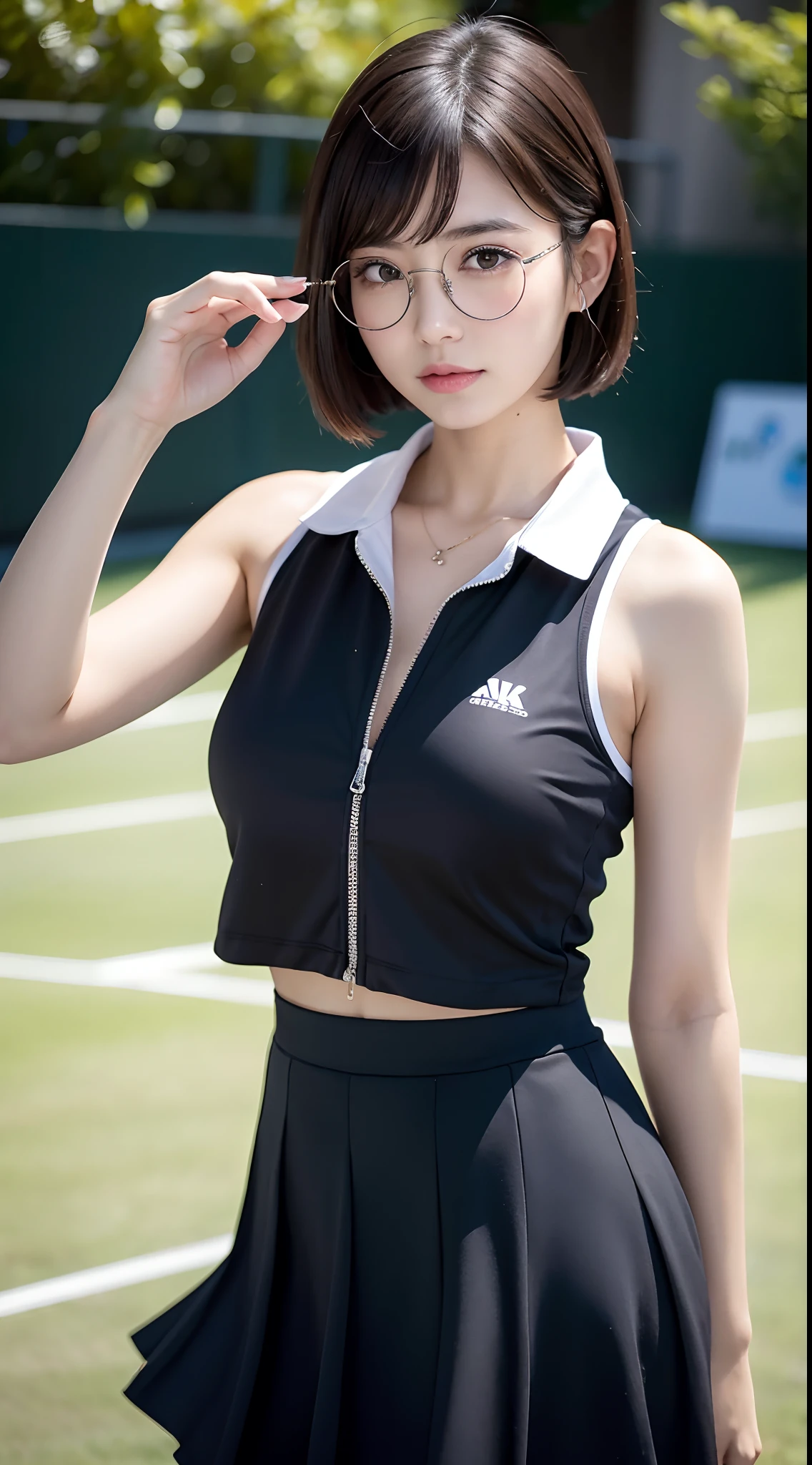 (8K, Raw photography, top-quality, masterpiece: 1.2), masterpiece, Super Detail, 超A high resolution, (Realistic and realistic photos: 1.37), high-definition RAW color photography, extremely delicate and beautiful, ighly detailed, astonishing, detaileds, extremely detailed eye, highlydetailed skin, extremely detailed fingers, highly detailed nose, highly detail mouth, perfect anatomia,1girl in, Blurry, Blurry background, Blurred foreground, blush, Colossal tits, depth of fields, eyebrows visible through hair, hair between eye,Short hair, Solo, Huge boobs、乃木坂アイドル、韓国アイドル、女優、20yr old、女優、hposing Gravure Idol、1girl in、Tennis Wear、Sleeveless、pleatedskirt、Ultra mini skirt、tennis coat、tennis、(wearing round glasses)