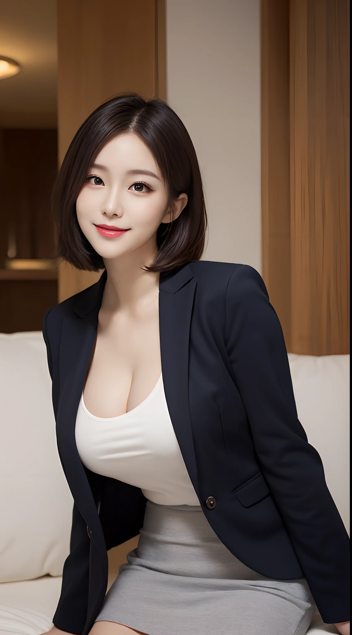 ((of the highest quality, 8K, masutepiece: 1.3, Raw photo)), Sharp Focus: 1.2, (1 AESPA Girl :1.1), Solo, (Realistic, Photorealistic: 1.37),  Cute face, hyperdetailed face, Short messy hair, Small Smile, large full breasts, (Business suits: 1.1), ((Sitting, bend one leg))、Focus on the thighs, Sit on the chaise longue、(Tokyo Metropolitan Government with 1 window: 1.2),a miniskirt、(low  angle shot:1.1),Angle from below、Photograph the whole body