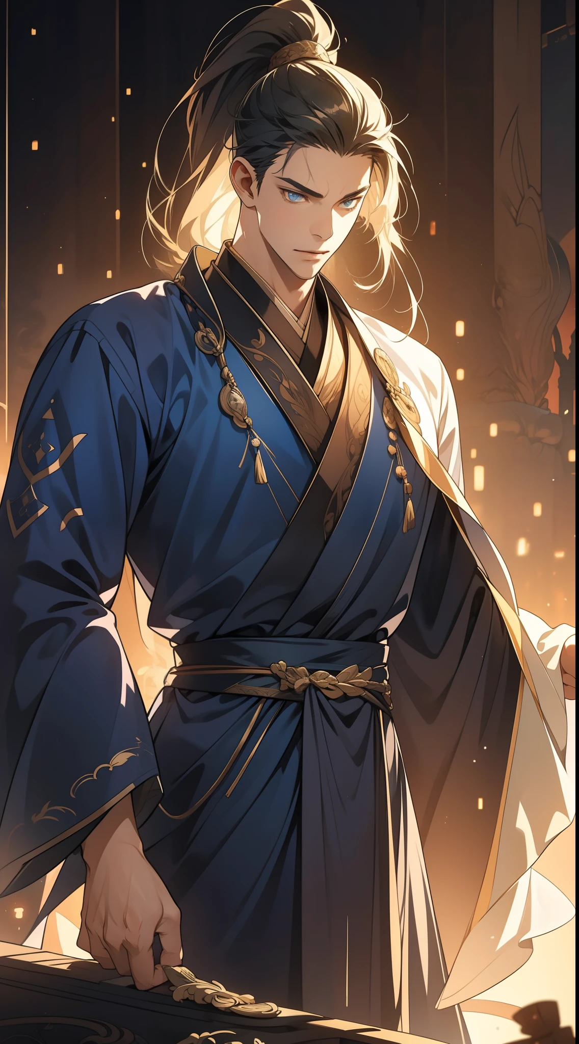 quadratic element,style of anime,mtu(Male Warrior),The proportions are correct,Face details,swordsmen,High ponytail hairstyle,Neck details,There is an Adam's apple,Blue suit,kaftan,long blue robes,clothes details,Handing over,longer sleeves,Game quality,Swordsmanship,Light and shadow tracking,Ray traching,detailed glow,cg render,hair detail,cabelos preto e longos,blue colored eyes,Handsome,Handsome,(juvenile sense),Clothing is complicated,Perfectcomposition,Refinement,high qulity,higher details,Lots of details,The background is complex,a sense of atmosphere,