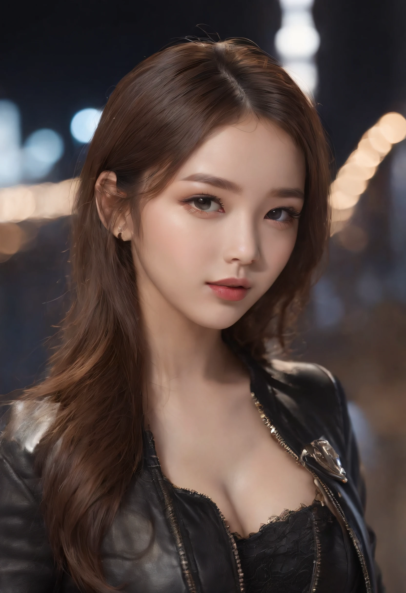 ulzzang -6500-v1.1,(Original photo:1.2),(Realistic:1.4),Beautiful detailed girl,Very detailed eyes and face,Beautiful detail eyes,Ridiculous,Incredibly ridiculous,super detailed,High resolution,Very detailed,Best Quality,masutepiece,Illustration,Very detailed,nffsw,unified,8K Wallpaper,amazing,Fine detail,masutepiece,Best Quality,Face Light,movie lights,1 girl,16 years old,((Dynamic Pose))),((Sexy Pose))),(Camel toe),(pantyhose),(Leather_Jacket_with_ornamented:1.5),(pasties_Mini_Skirt:1.4),(studded_heels:1.3),(nightlife_disco_Background:1.4),Upper body,