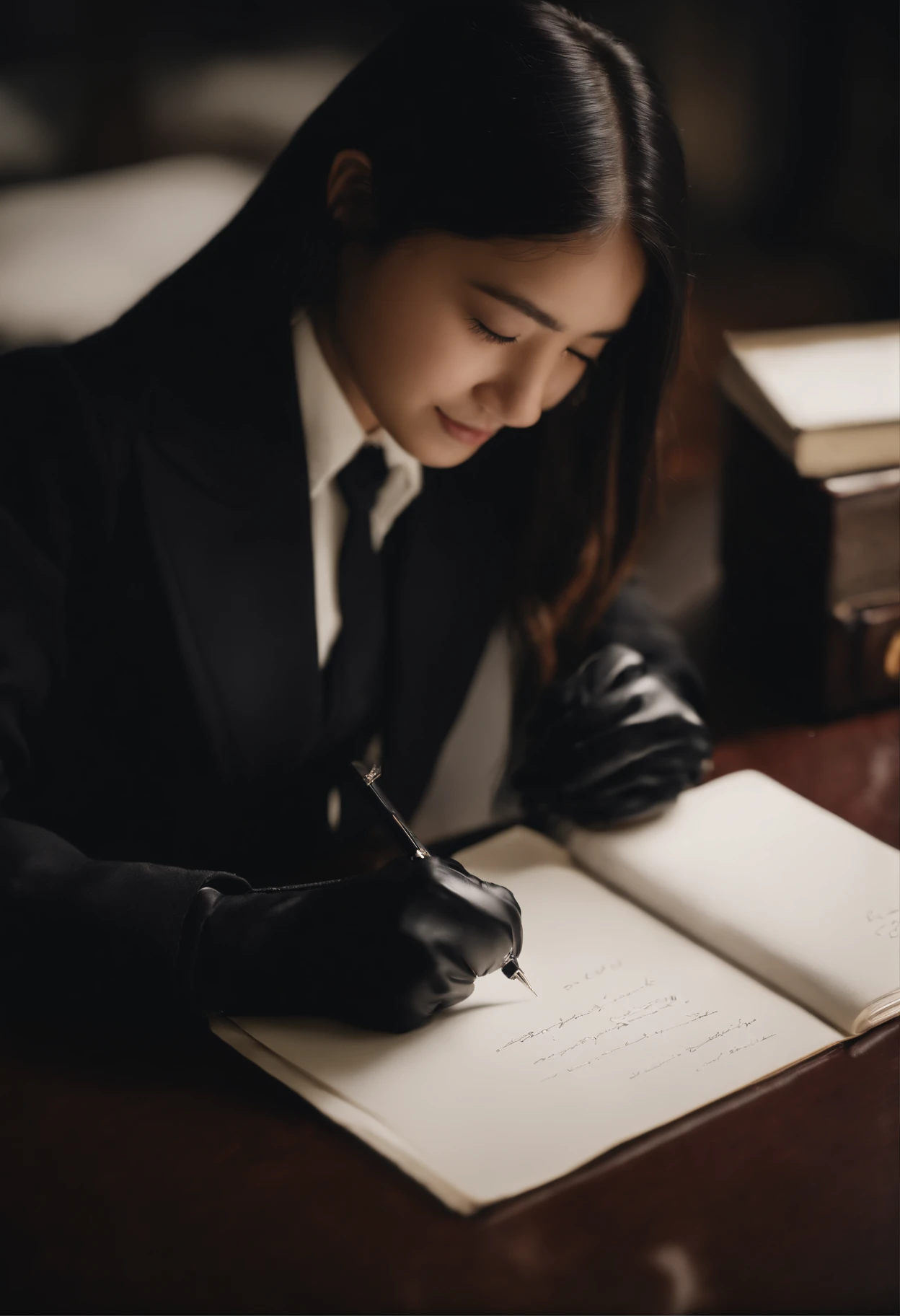 Wearing black leather gloves in both hands, upper body, black blazer uniform, facing the desk in the modern study in the dark, looking down and smiling, writing a letter using a fountain pen, long, straight black hair, young Japanese high school girl (black leather gloves cover both hands)