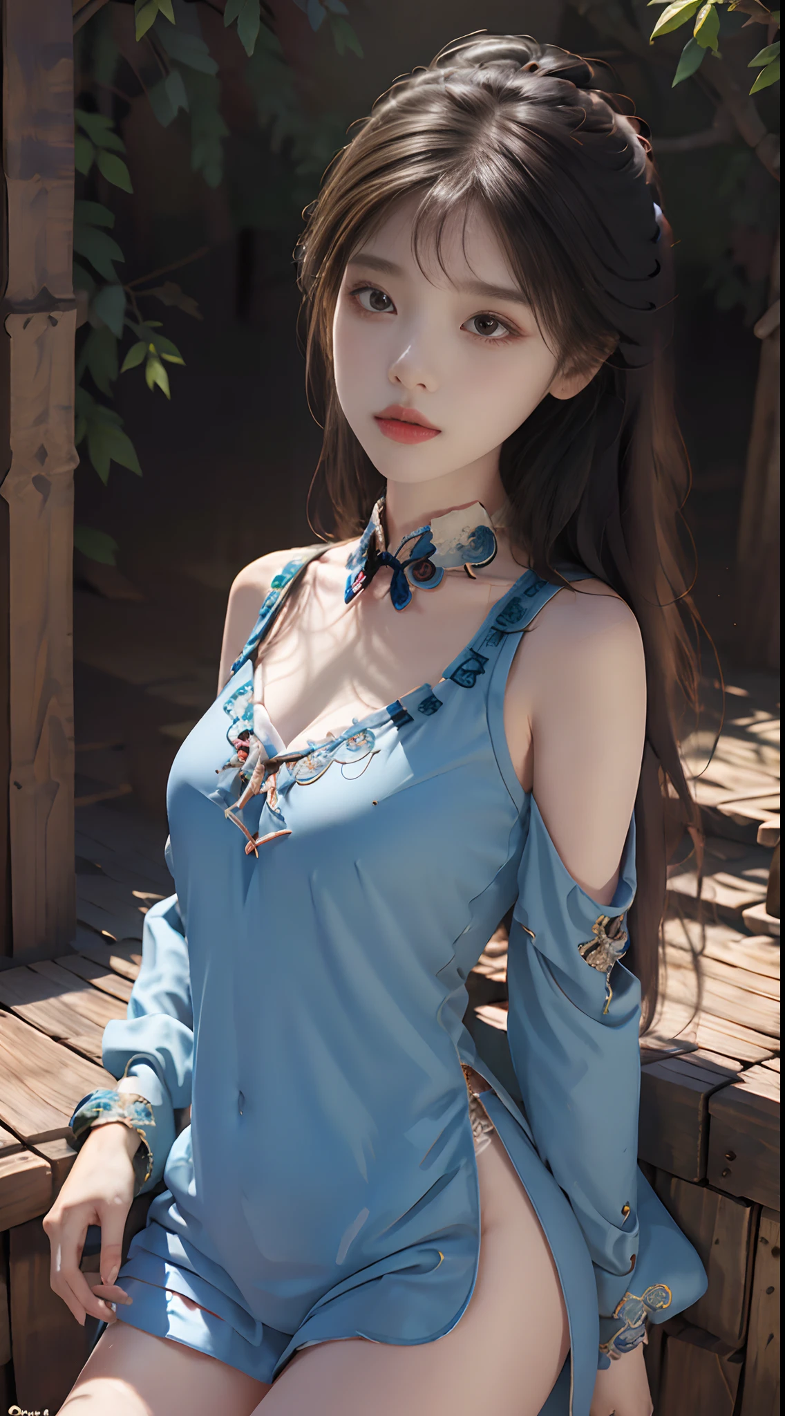 Official Art, Unified 8K Wallpapers, Ultra Detailed, Beautiful and Aesthetic, Masterpiece, Best Quality, (Zentangle, Tangle, Entangle), (fractal art: 1.4), (character center: 1.3), 1girl, black hair, Chinese, off-the-shoulder, short skirt, calf, navel, very detailed, dynamic angle, cowboyshot, (most beautiful form chaos), flowing, (bright colors), oc, (medium breasts), Chinese costume pajamas transparent