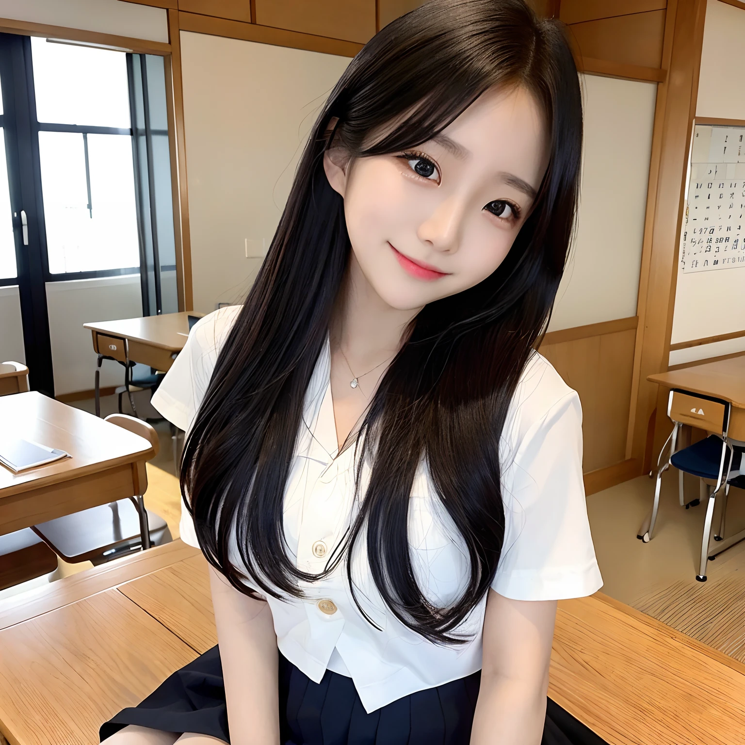 Masterpiece 8k、Top image quality、Symmetrical eyes、drooing eyes、japanaese girl、A smile、Japanese high school  girl、japanese sailor suits、Background is a Japan school classroom、a black skirt、White shirt