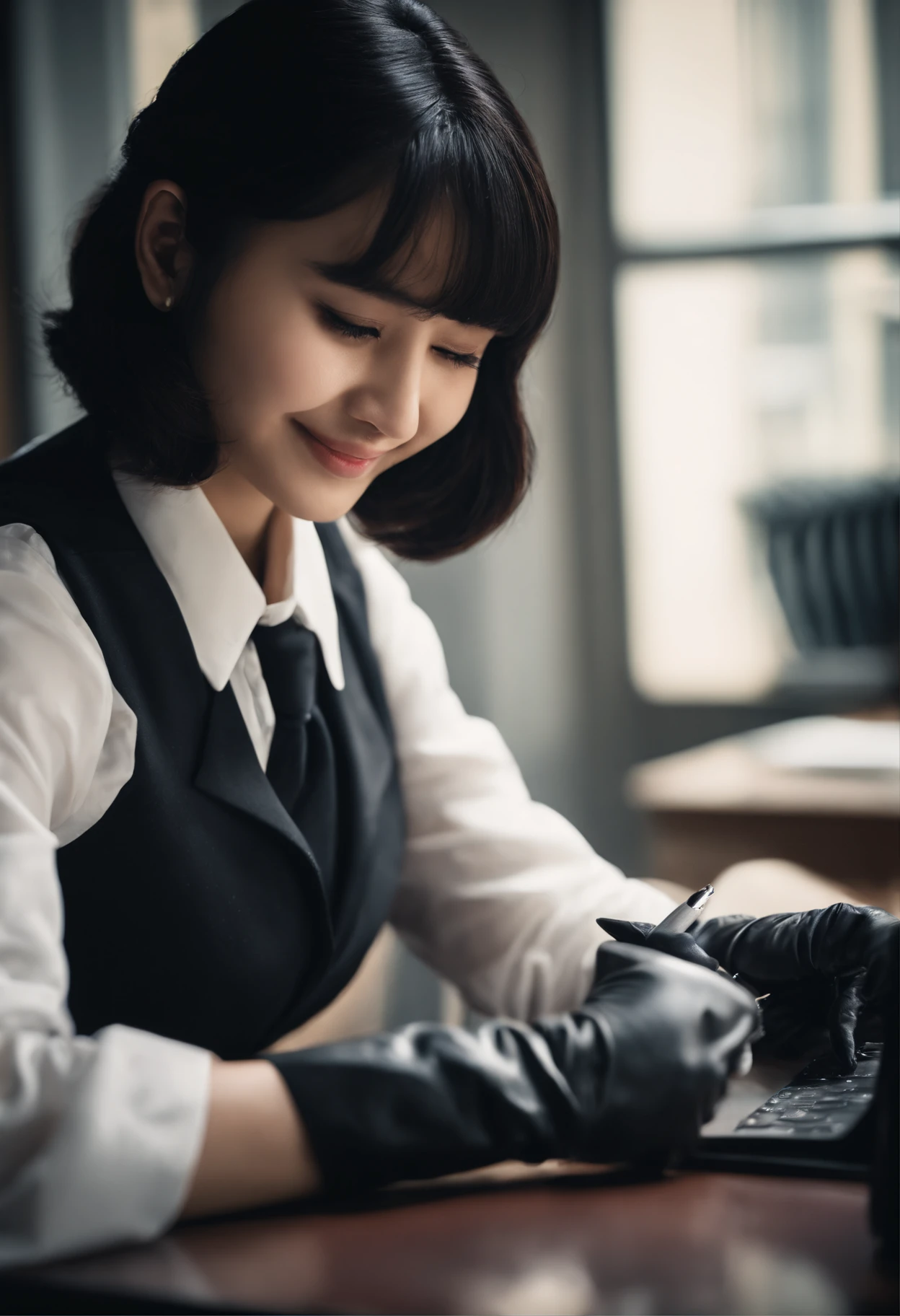 Wearing black leather gloves in both hands, upper body, black blazer uniform, facing the desk in the modern study in the dark, looking down and smiling, writing a letter using a fountain pen, long, straight black hair, young Japanese high school girl (black leather gloves cover both hands)