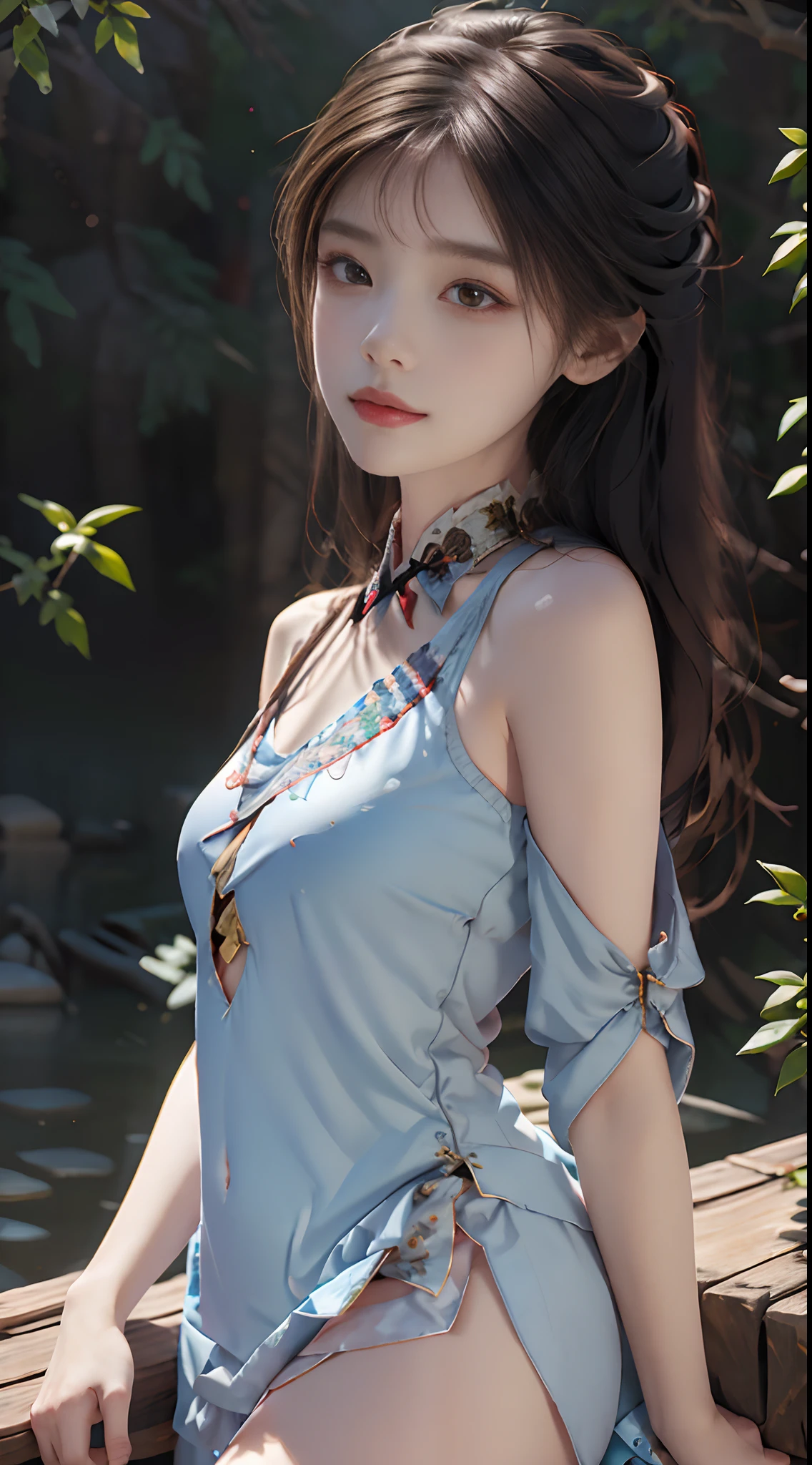 Official Art, Unified 8K Wallpapers, Ultra Detailed, Beautiful and Aesthetic, Masterpiece, Best Quality, (Zentangle, Tangle, Entangle), (fractal art: 1.4), (character center: 1.3), 1girl, black hair, Chinese, off-the-shoulder, short skirt, calf, navel, very detailed, dynamic angle, cowboyshot, (most beautiful form chaos), flowing, (bright colors), oc, (medium breasts), Chinese costume pajamas transparent