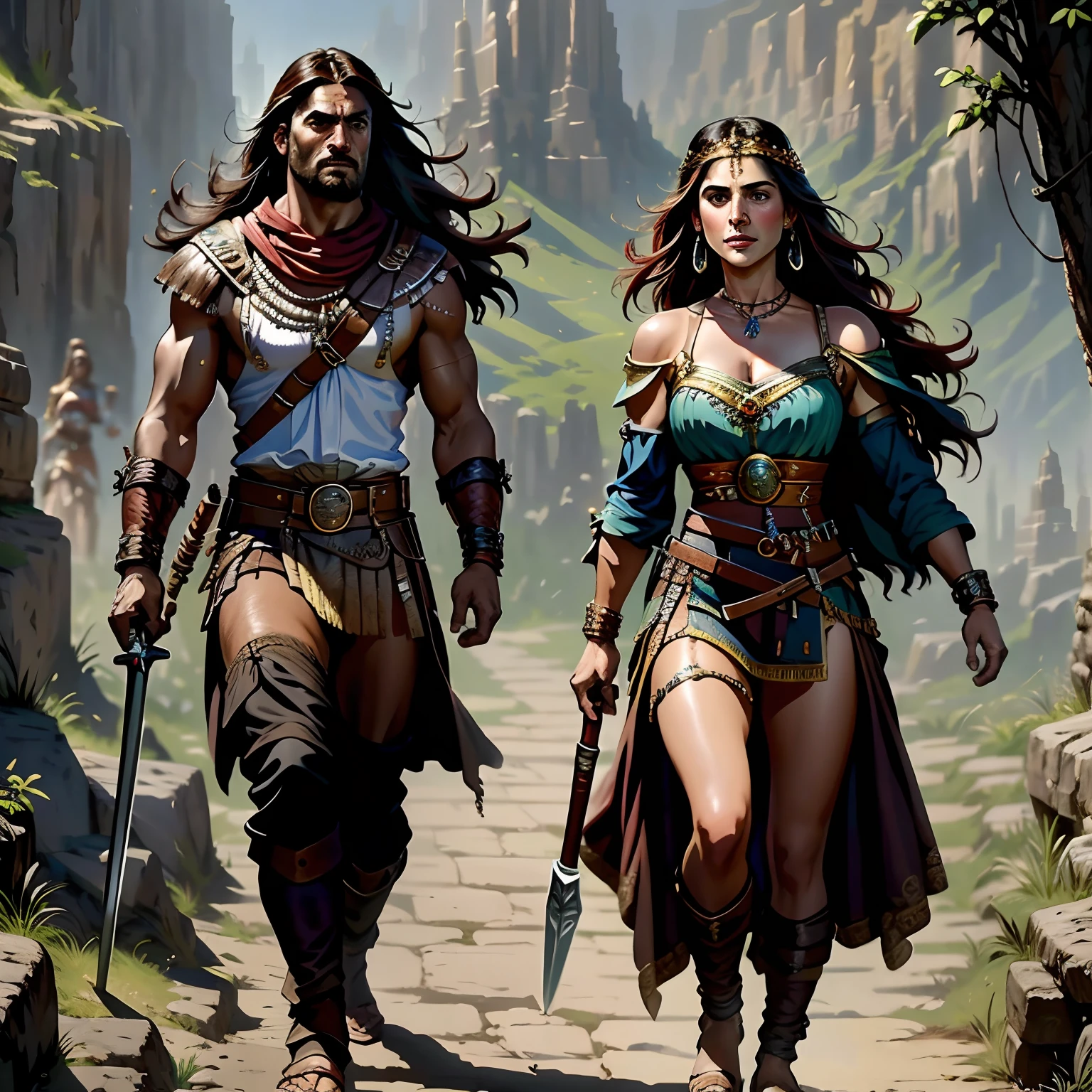 Excellence HD 8K Male Classic Art Comics Barbaria n, Conan, the Barbarian, jovem viril, face limpa, caminhando por uma estrada de pedra, wearing sandals, wearing a short tunic, segurando uma espada, junto dele uma princesa Shemita muito bonita