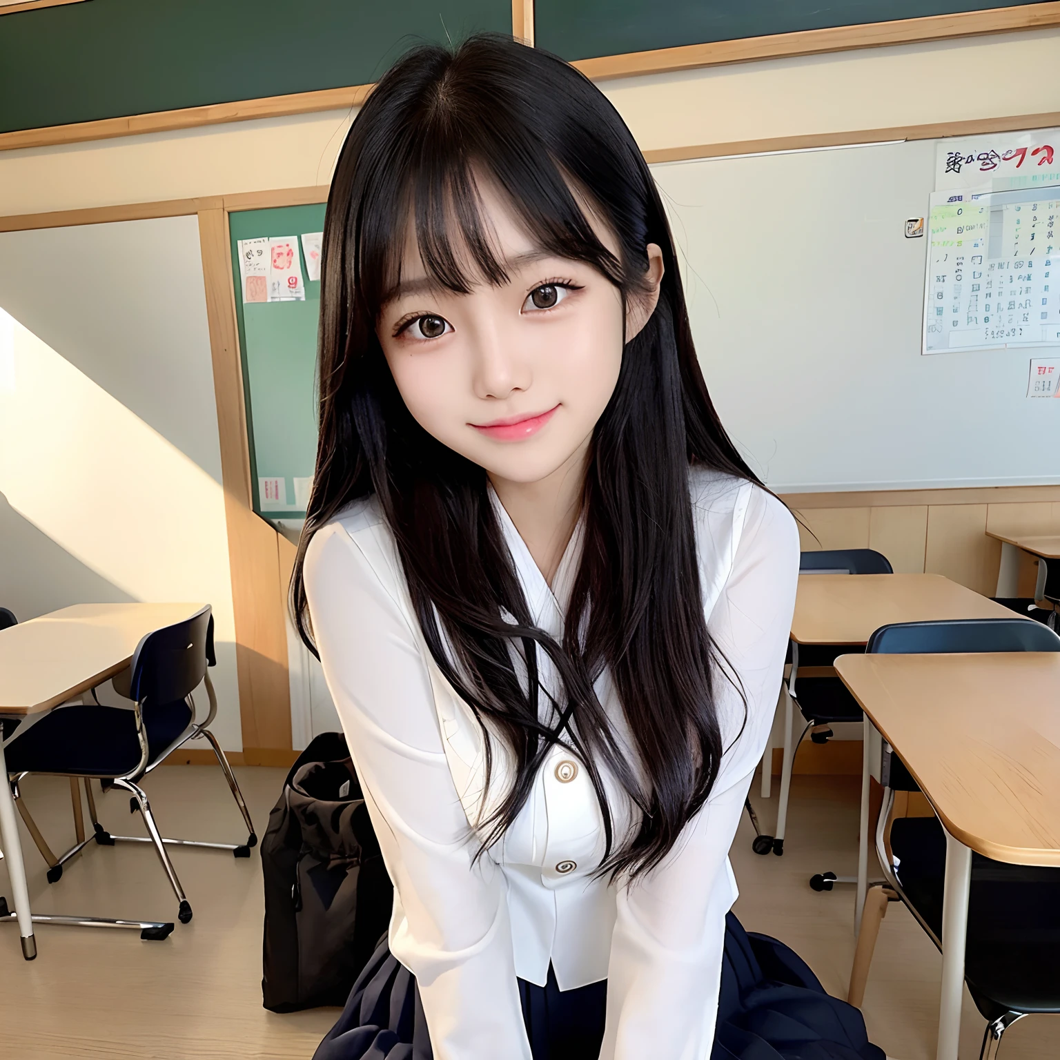 Masterpiece 8k、Top image quality、Symmetrical eyes、drooing eyes、japanaese girl、A smile、Japanese high school girl、japanese sailor suits、Background is a Japan school classroom、a black skirt、White shirt