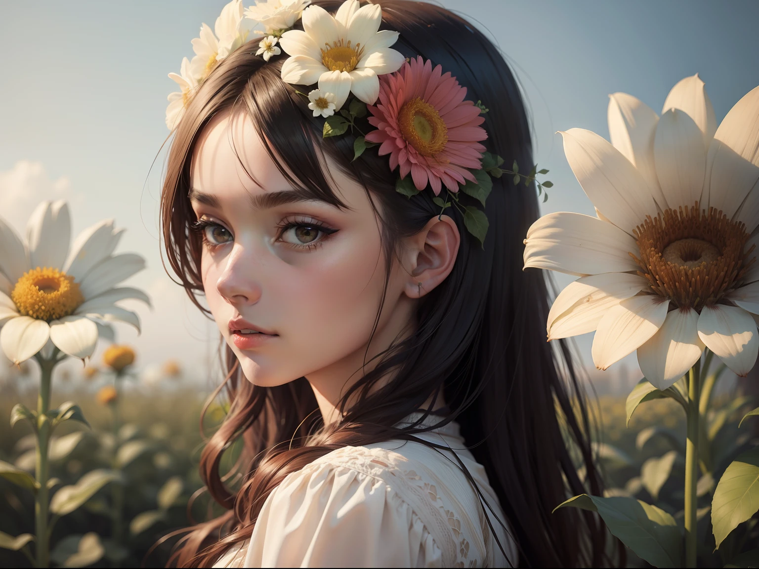 HD, depth of field, sorissos, spring, smaller head, sideways, sitting, black hair, garland, anime, off-the-shoulder, wild, colorful flowers and plants,