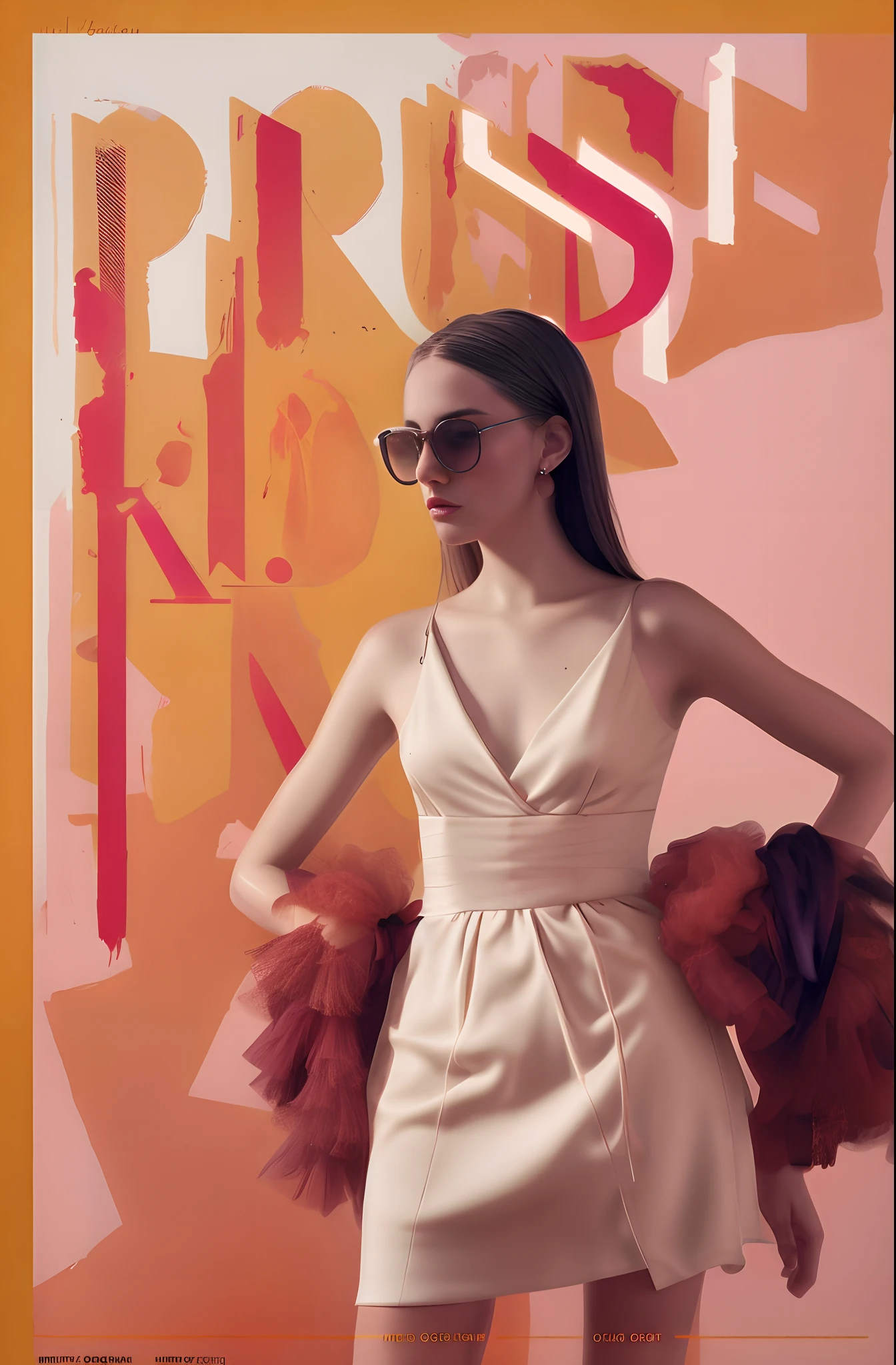 text: PRISSI. create a FASHION ART flyer for a WOMEN'S CLOTHING STORE CALLED: PRISSI. WRITE THE WORD CLEARLY: PRISSI. WOMEN'S FASHION, WOMEN'S CLOTHING, FASHION, FASHION, FASHION DESIGNER, STYLIST, orange pink and yellow background, cinematic, fashion, poster, illustration, conceptual art, typography, WATERMARK, LOGO, TEXT, WORD, WRITER, LOGOMARK, MARK, FASHION THEME, ULTRA QUALITY, 8K, LOGO