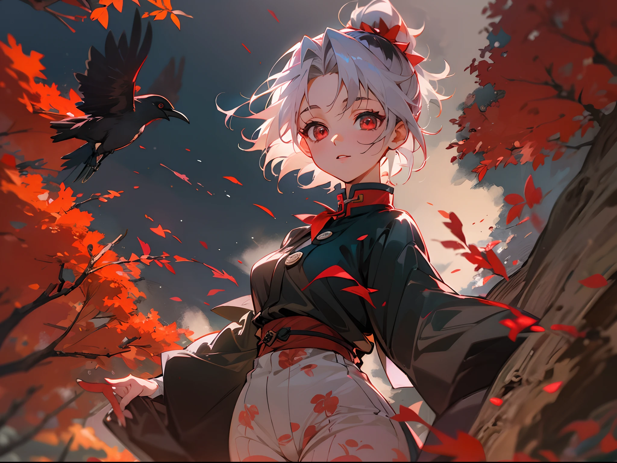 anime young woman, 1 crow flying near her, short hair, hair tied back, white colored hair, red colored eyes, medium chest, small thighs, big body, strong body, nature background, soft smile, kimetsu no yaiba clothes style, red haori, red pants, 1 girl, sunlight on her, happy atmosphere, detailed eyes, detailed lips, detailed body, detailed crow, cute color palette, strong wind, bokeh, sharp focus, vivid colors, vibrant colors, amazing sunlight, beautiful lighting, realistic shadows, 4k masterpiece, HDR, anime art style, demon slayer art style