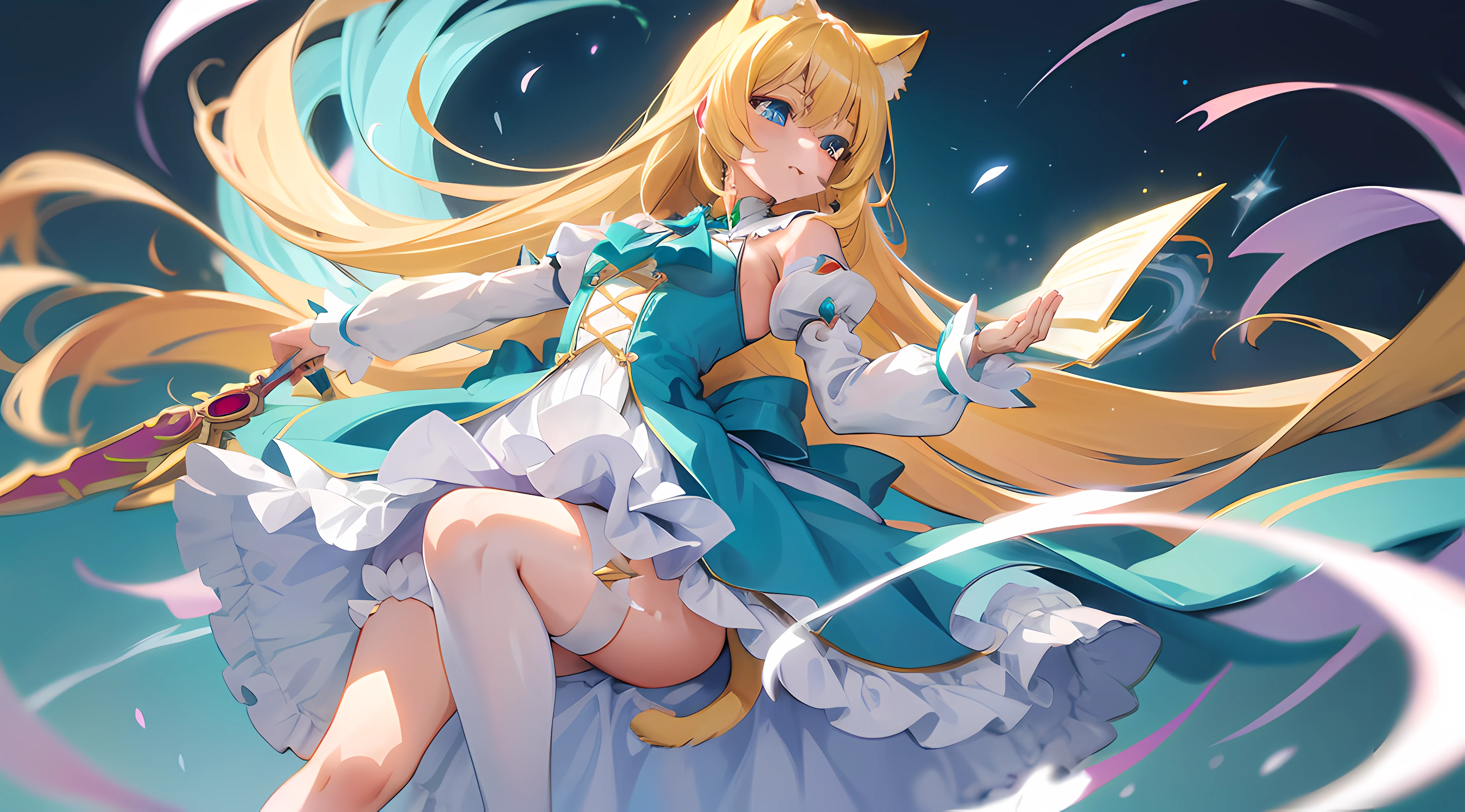 Long blonde hair，Turquoise eyes，Magical girl dress，white stockings，Staff，cat ear，