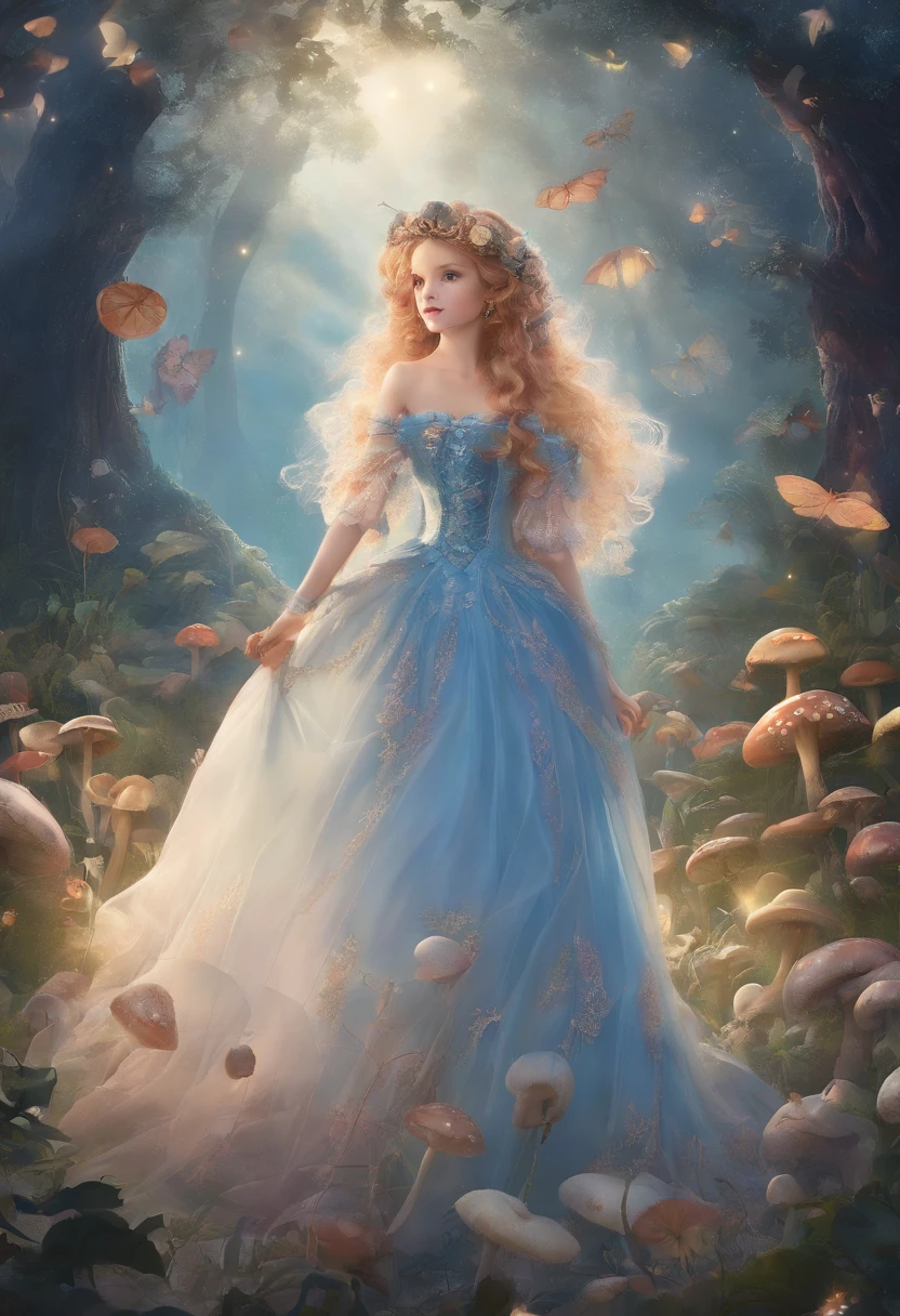 Masterpiece:1.4),, (Best quality:1.4),, Ultra-high RES,, 8K, CG,, (Extremely delicate and beautiful:1.2),,The upper part of the body,, 1girll,, Solo,, fashi-girl,, Thumbelina,Little princess,Blue taffeta court dress,Under huge mushrooms,forest backgrou ,Delicate depiction of facial features,almond eyes,Delicate eyeliner。long eyelasher,greene eyes,Black pupils,There is starlight in the eyes,Delicate lip detailing,Oil painting quality,Thick painting style