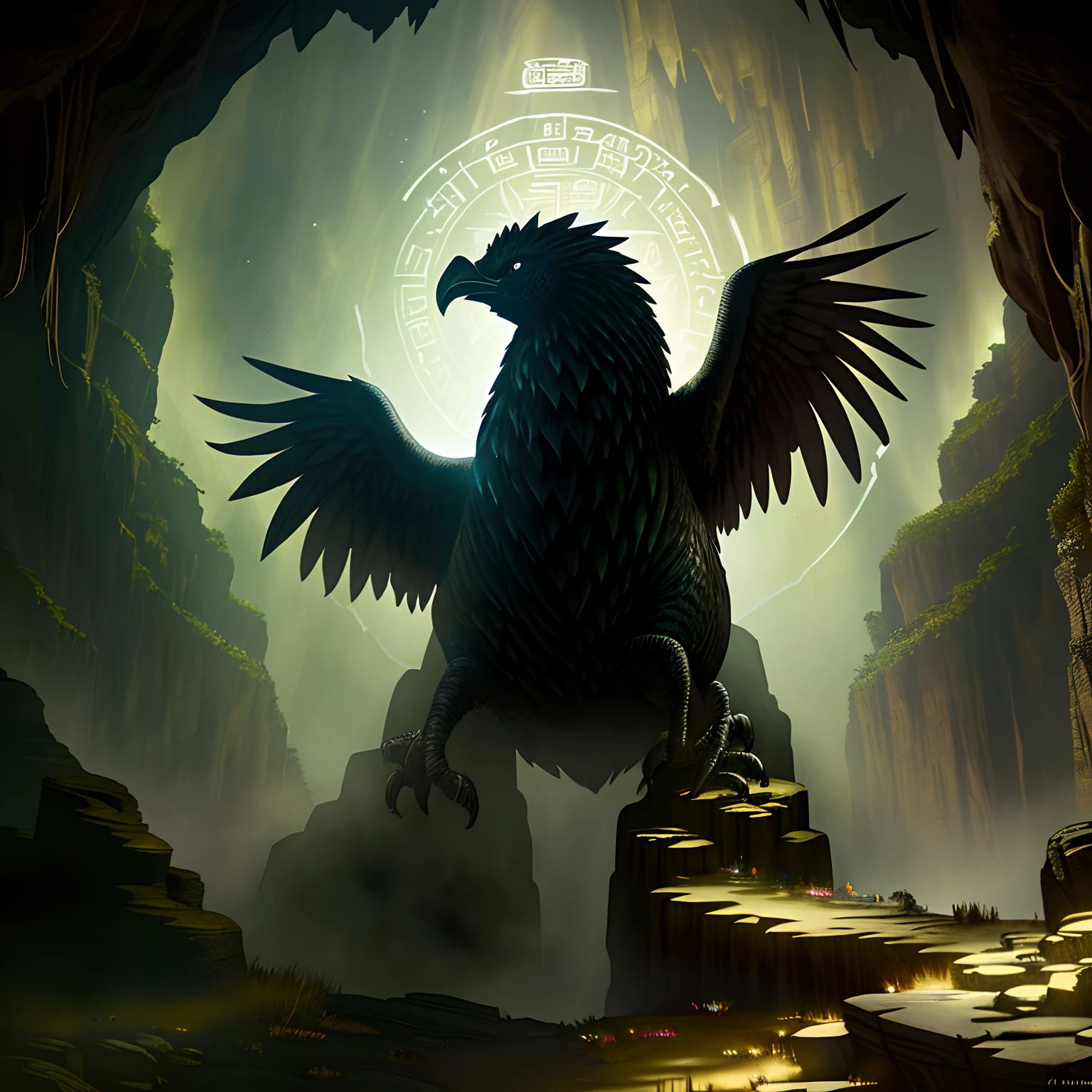 A big chicken,In a deep and mysterious cave,,There are archaeological secrets inside、dark ambiance、Atmospheric lighting、cinmatic lighting、best angle、hyper-detailing、iintricate、dynamic angle、tmasterpiece、(A scene illuminated by glowing ancient runes)=1.4,looking at viewert,fisheyelens