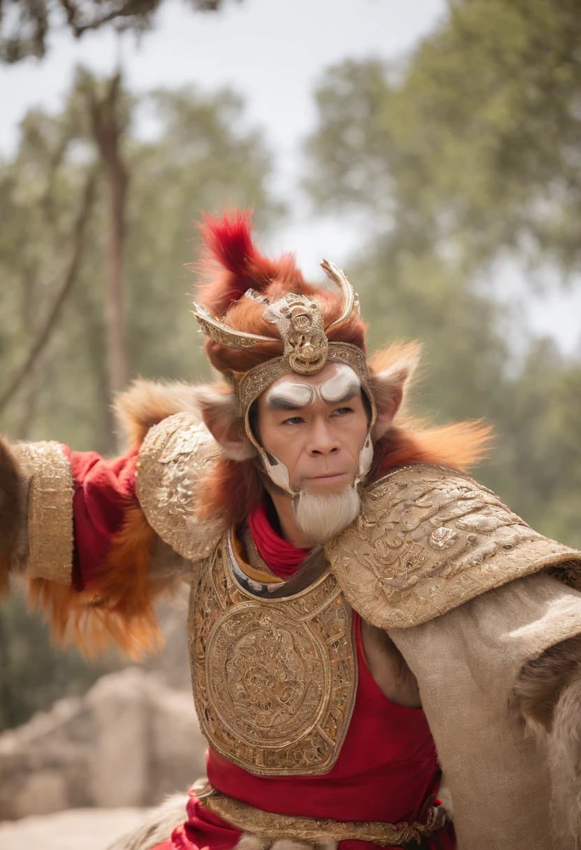 (Obra maestra, A sacred representation of the Monkey King:1.4), Wukong，solamente, Sosteniendo un palo dorado largo，Uso de cota de malla，Postura de combate，tmasterpiece，Ultraclaro，UHD,Detalles extremos，El fondo es cielo y nubes，Soles，brillar