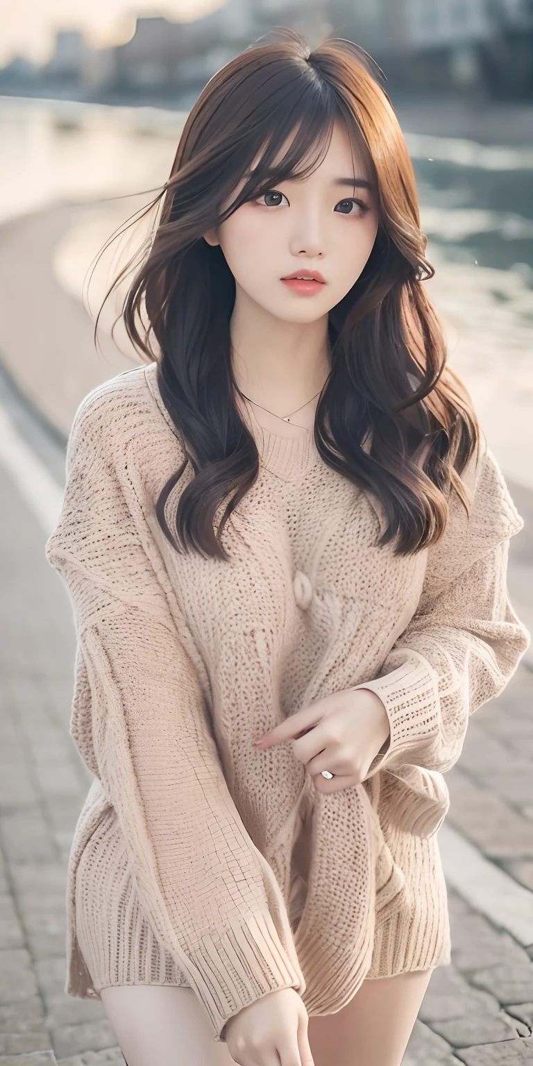 1girl walking on the river, mix4, sweater, pillow, lips, open_mouth, realistic, photo_\(medium\), solo, stuffed_animal, stuffed_toy, teddy_bear, (masterpiece), (realism: 1.3), super detailed, (High detail skin: 1.2), (Best quality: 1.0), (Ultra resolution: 1.0), (ULZZANG-6500: 0.3), wavy detail hair, long hair, sunshine, (beautiful detail makeup), (sexually aroused blush, heavy breath: 1.0), floral theme petals scattered, (soft light bloom: 0.5)
