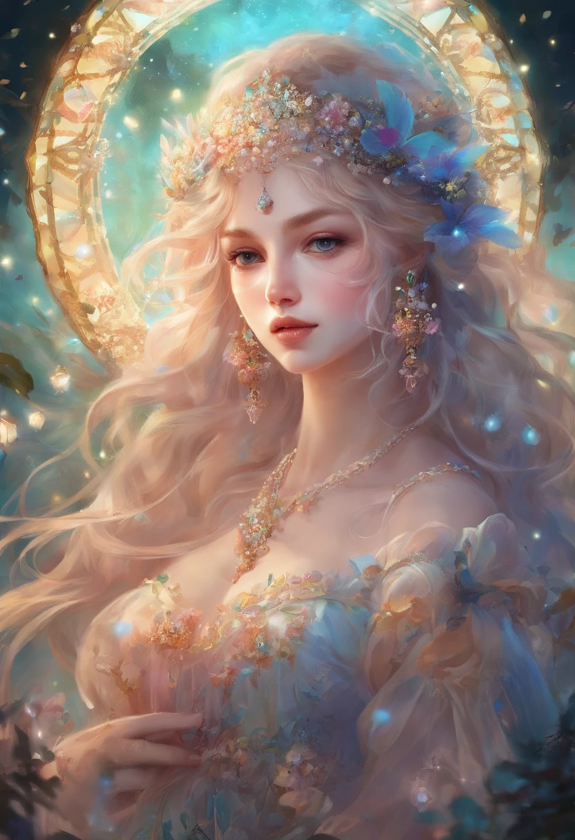 Masterpiece:1.4),, (Best quality:1.4),, Ultra-high RES,, 8K, CG,, (Extremely delicate and beautiful:1.2),,The upper part of the body,, 1girll,, Solo,, fashi-girl,, Thumbelina，Little princess，Blue taffeta court dress，Under huge mushrooms，forest backgrou ,Delicate depiction of facial features，almond eyes，Delicate eyeliner。long eyelasher，greene eyes，Black pupils，There is starlight in the eyes，Delicate lip detailing，Oil painting quality，Thick painting style