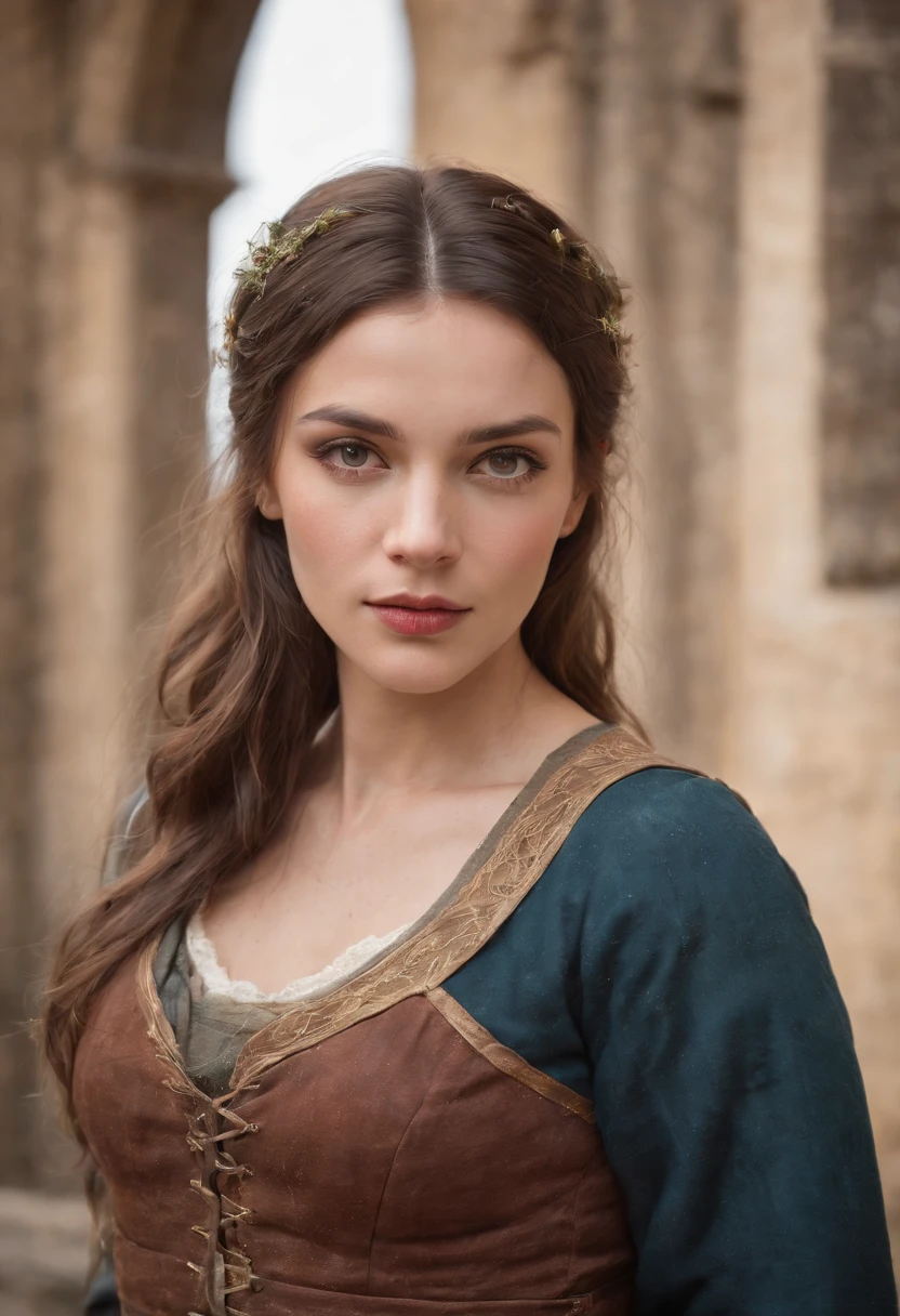 Cinematic portrait, upper body, face, facing the audience, (Reality :1.3), one of the most beautiful artworks in the world, a woman looks into the camera, medieval costumes, (old clothes damaged and weathered :1.4), detailed beautiful face, action shooting, ancient city background, realistic photos, CG, Art Station