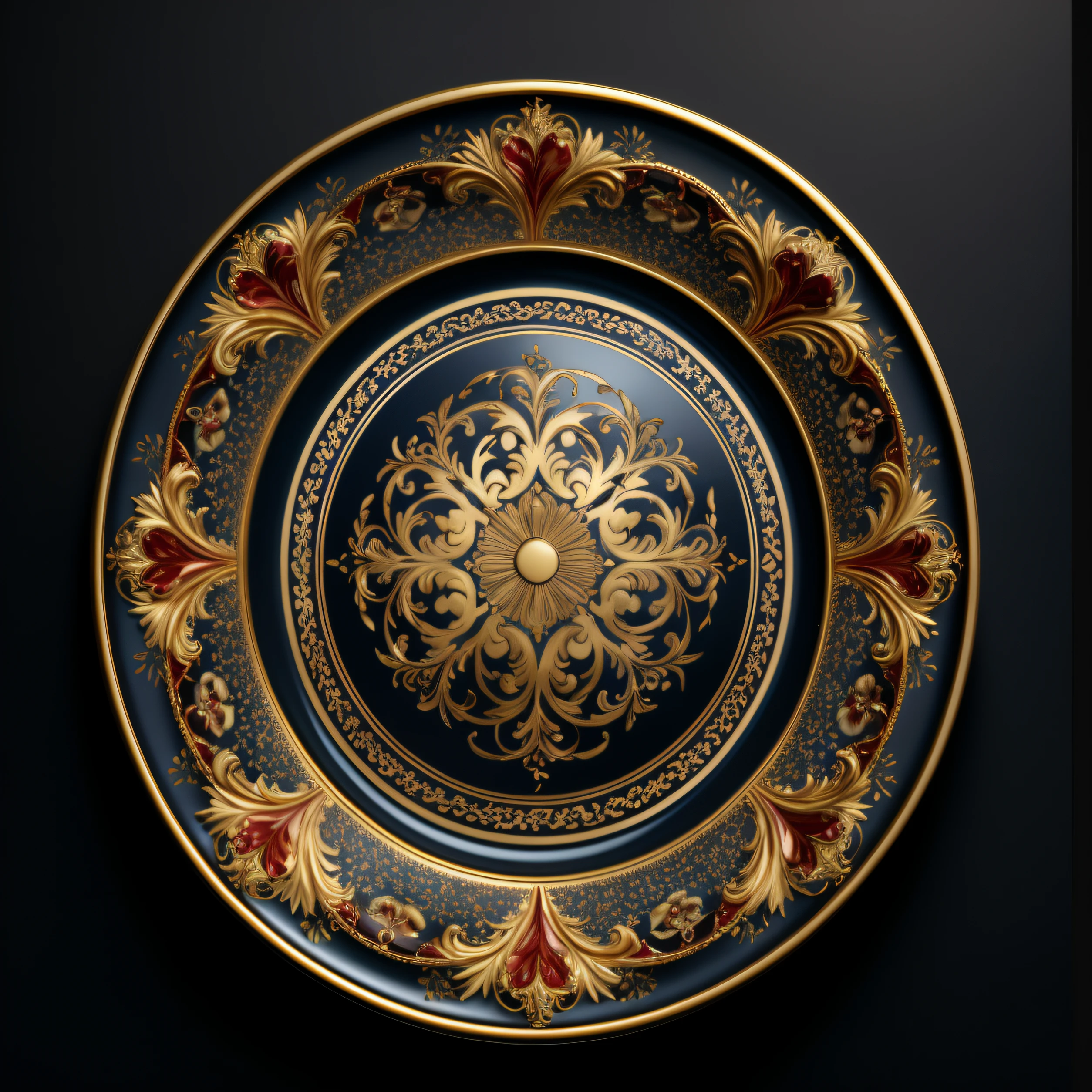 It has a plate with a gold and blue design, Sleek and sophisticated design, elegant and ornate, inlaid with gold rococo, 8K high quality detailed art, ornate and elegant, Magnificent art, Very gorgeous, high quality rendering, high detailed art, Super delicate gorgeousness, circular design, ornate intricate, Baroque art style, Classic decorative design,Change the low color to white