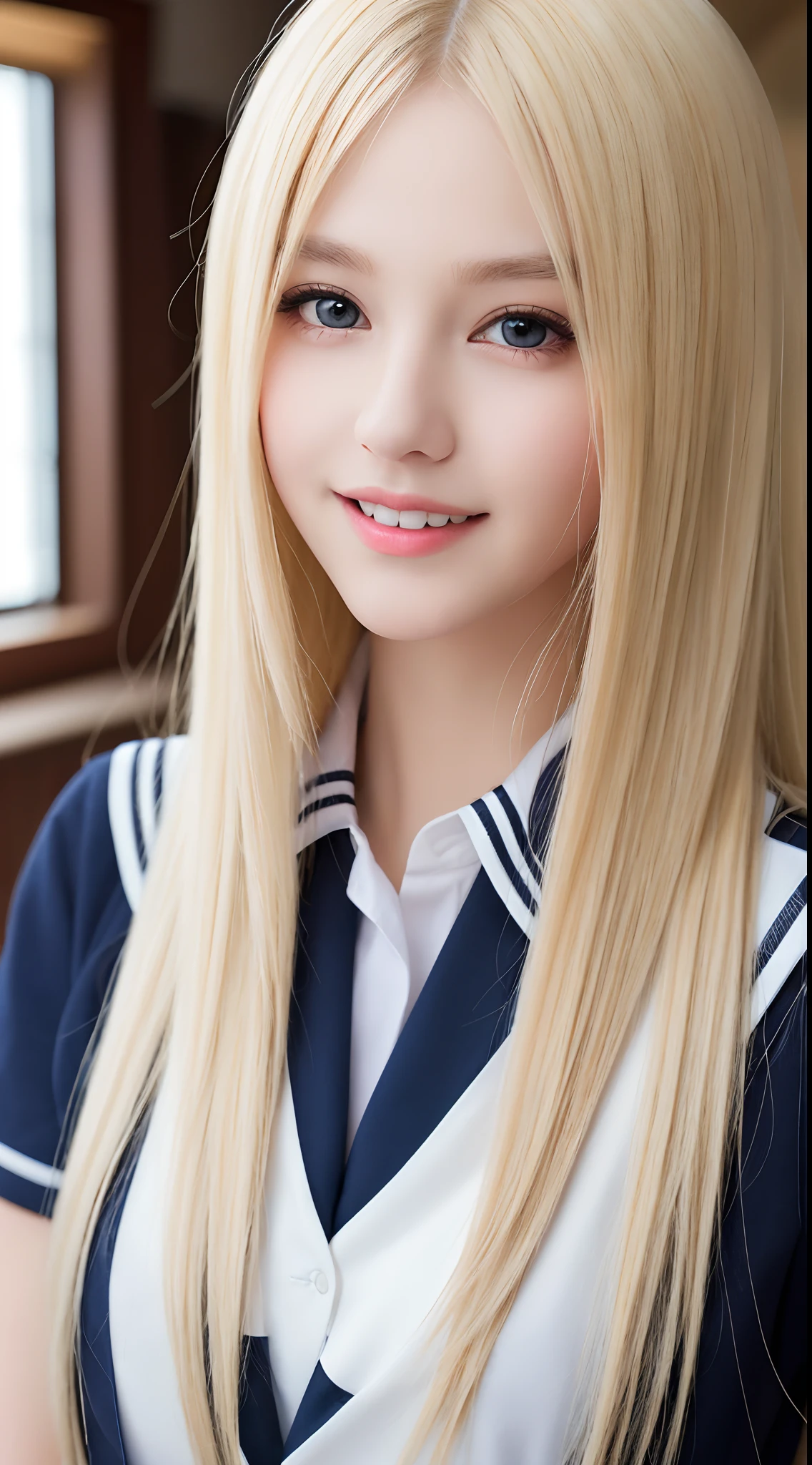 RAW photos, ((Portrait of extreme beauty))), upper body, (((glossy glossy skin)), one, -yeld pry beautiful girl, (shiny bright platinum blonde)), disheveled hair, [bright light blue big eyes shining with high definition], silky straight hair, super long hair, eyeliner, shiny bangs, fluttering hair, inviting expression, smile, ((masterpiece, highest quality, Ultra detail, light, complex detail, high resolution, 8k, very detail)), detailed background, 8k uhd, high quality, shallow depth of field, natural light, (perfect hands), school uniform, sailor suit, puritanical