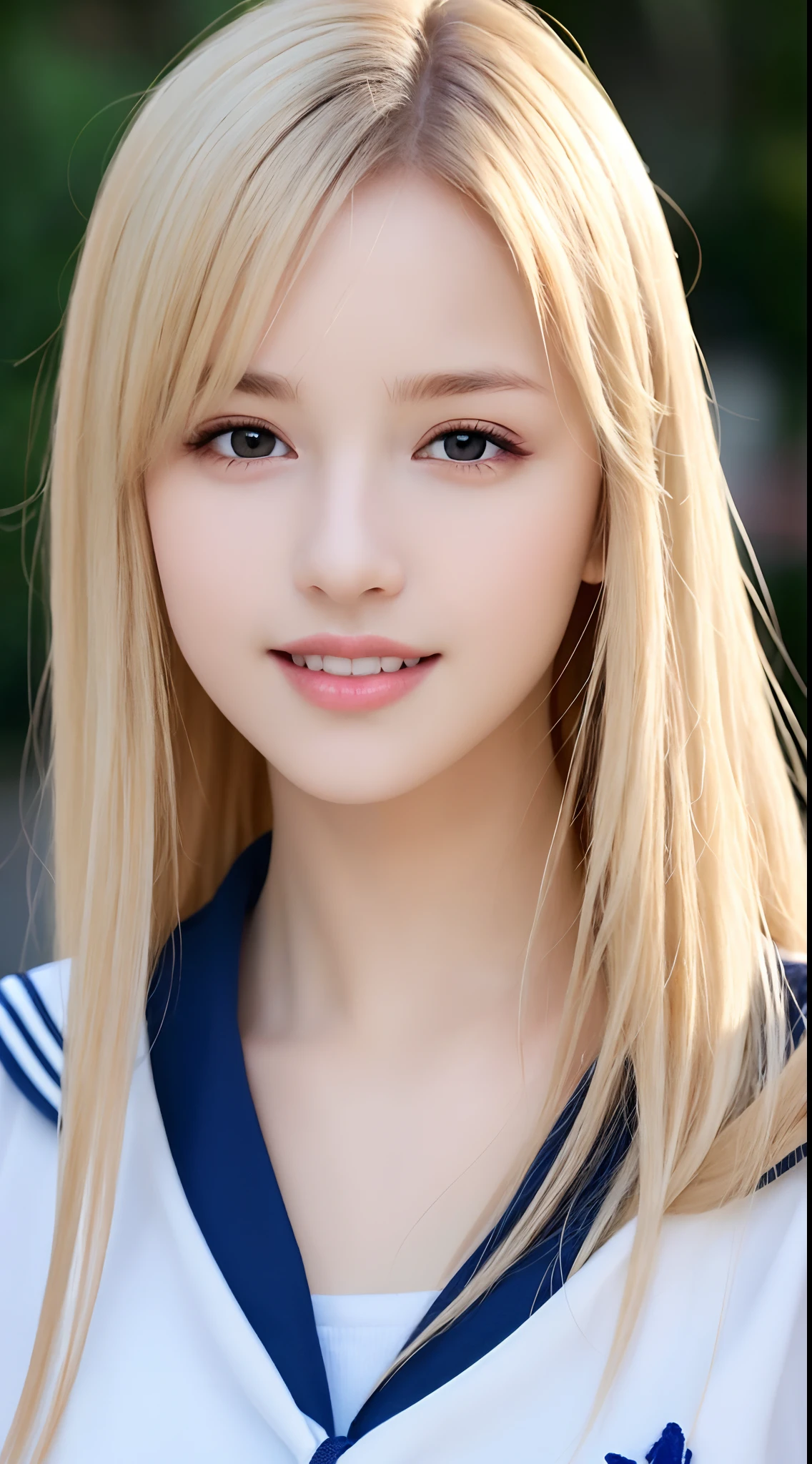 RAW photos, ((Portrait of extreme beauty))), upper body, (((glossy glossy skin)), one, 17-year-old pretty beautiful girl, (shiny bright platinum blonde)), disheveled hair, [bright light blue big eyes shining with high definition], silky straight hair, super long hair, eyeliner, shiny bangs, fluttering hair, inviting expression, smile, ((masterpiece, highest quality, Ultra detail, light, complex detail, high resolution, 8k, very detail)), detailed background, 8k uhd, high quality, shallow depth of field, natural light, (perfect hands), school uniform, sailor suit, puritanical