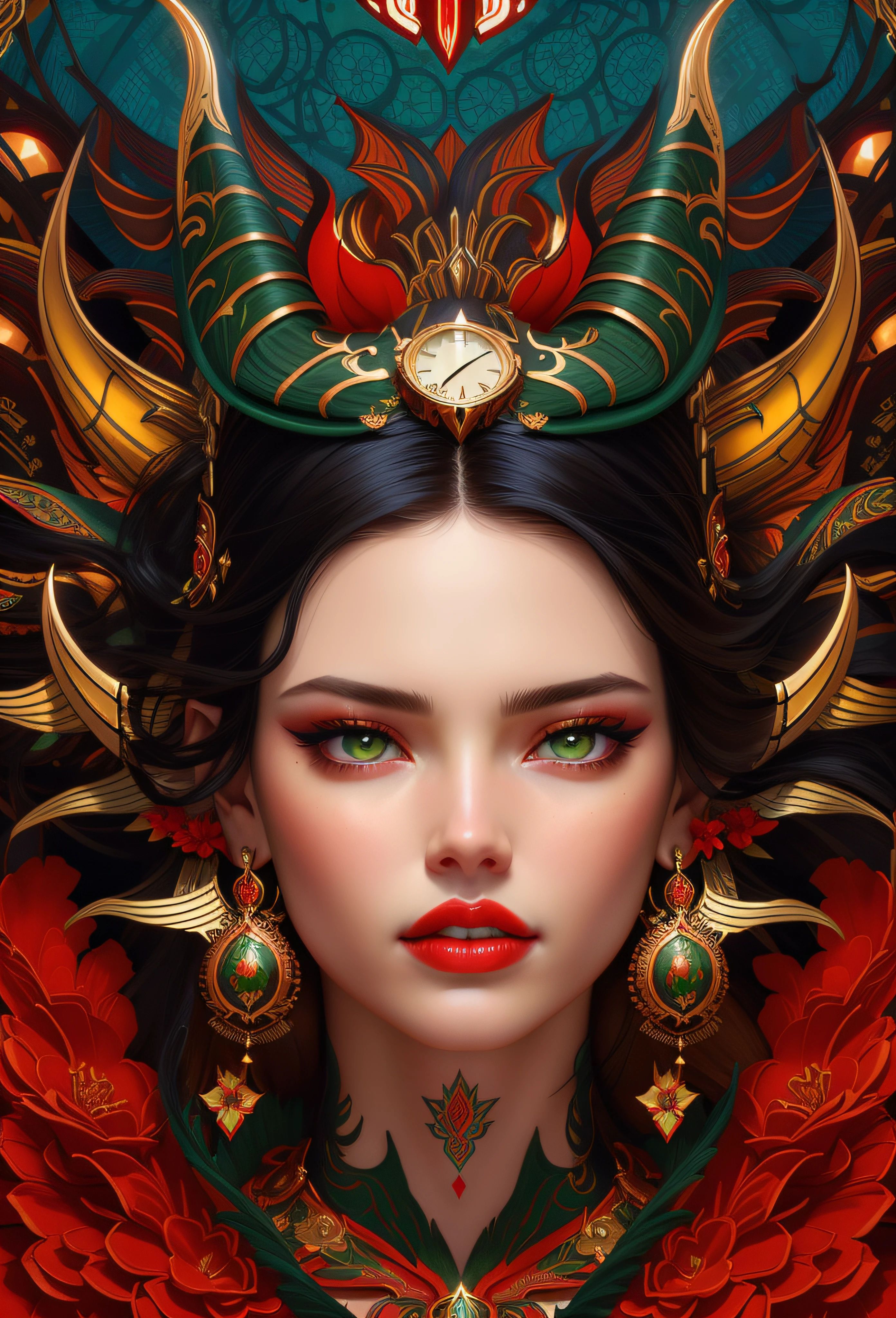there is a woman (Adriana Lima :1.1) red lips, green eyes, with a large headdress and a clock, stunning digital illustration, exquisite digital illustration, 4k detailed digital art, the dragon girl portrait, beautiful fantasy art portrait, 4k highly detailed digital art, karol bak uhd, a beautiful artwork illustration, detailed face with red lips, detailed fantasy digital art, beauty woman with detailed faces
