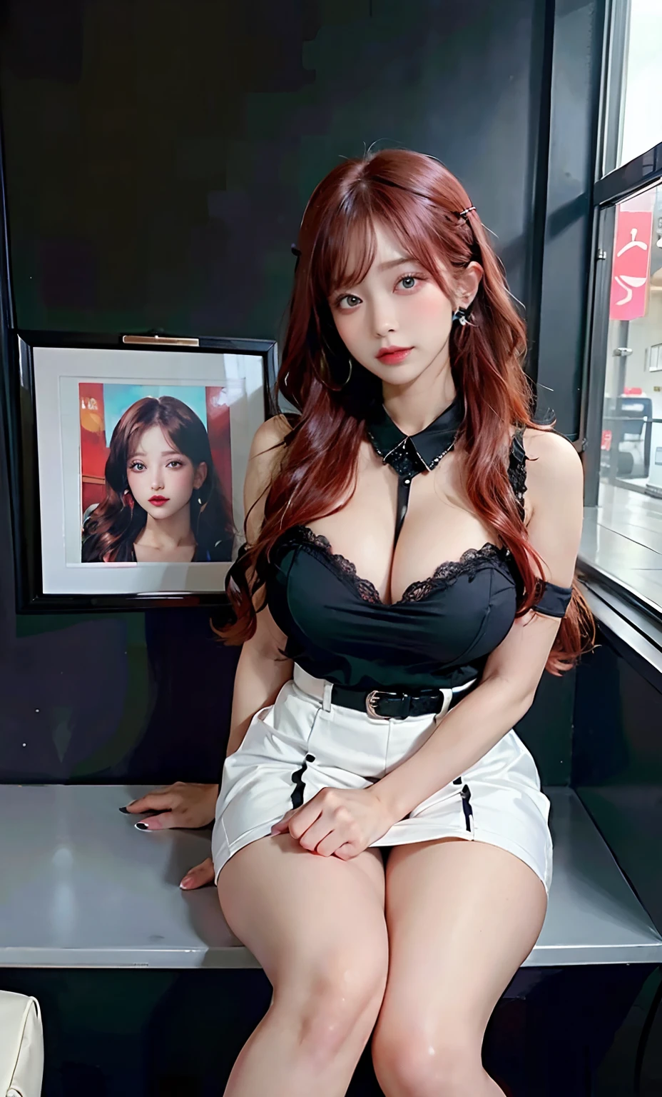 (Masterpiece, Best quality, High quality:1.4),  (Curvy:1.1), Sit cross-legged at your desk, Office, (Full body shot:1.1),
(Red hair:1.05), Long hair, lipstick, Makeup, Ultra Detail Hair, Ultra Detail Face, (Purple eyes:1.05), Perfect eyes, Perfect face, Earrings, (Confused, Blush:1.2), (a garter belt:1.1), pencil skirts, office uniform, high-heels,
(Large breasts:1.1), cleavage, Big ass, Thighs,