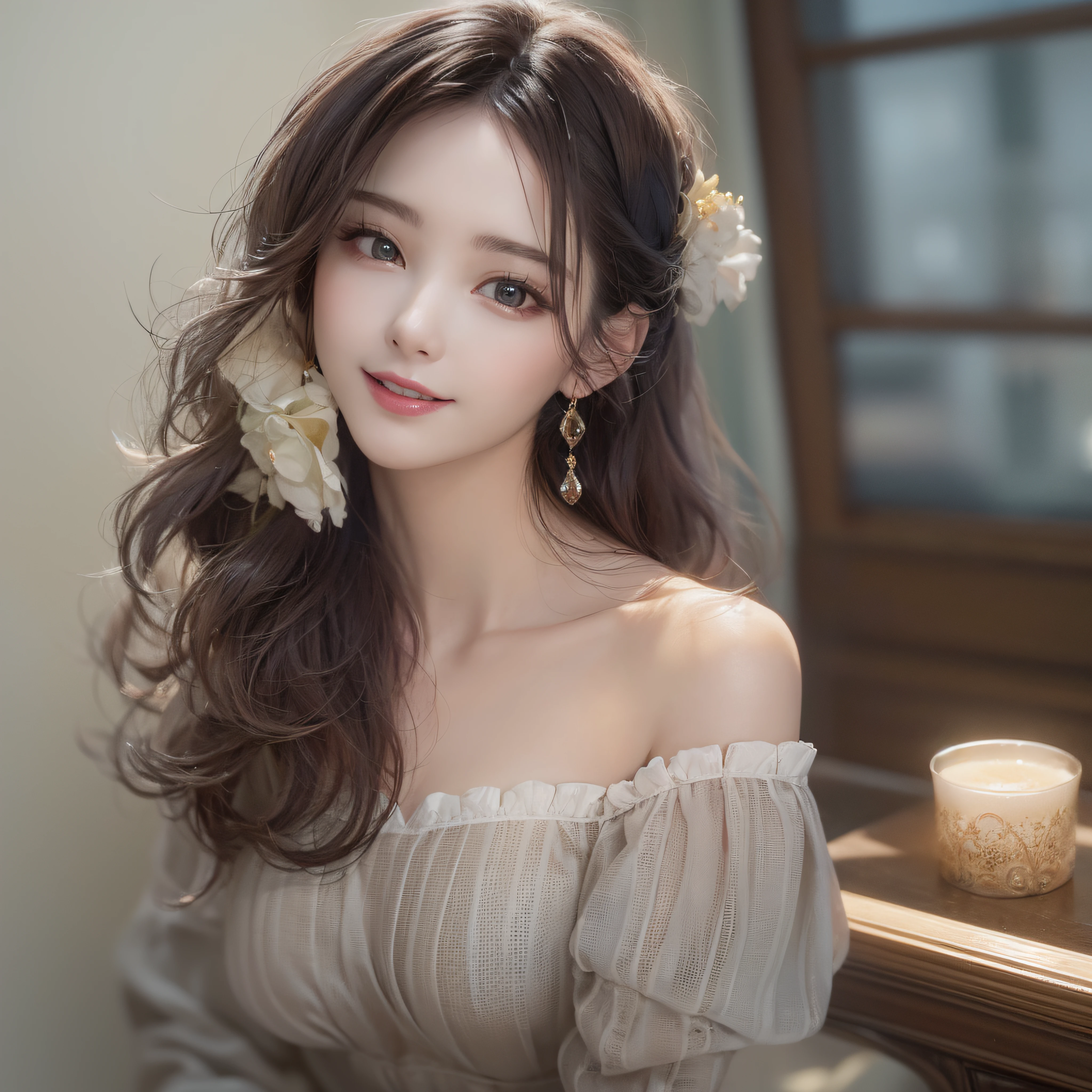 Off-the-shoulder clothing、The upper part of the body、Facing the front、makeup、close-up of the smile face、(masterpiece、realisitic、hight resolution)、(1 girl in):1.2)、Korean Girl、(Best Quality), (masutepiece), (1girl in), Solo, Beautiful Girl, Perfect face, intricate detailes、Volumetric lighting、(masterpiece:1.2)、(top-quality)、The ultra-detailliert、(The composition of the movement:1.4)、Highly detailed colorful details、(Bright lighting、Atmospheric lighting)、ultra-detailliert、