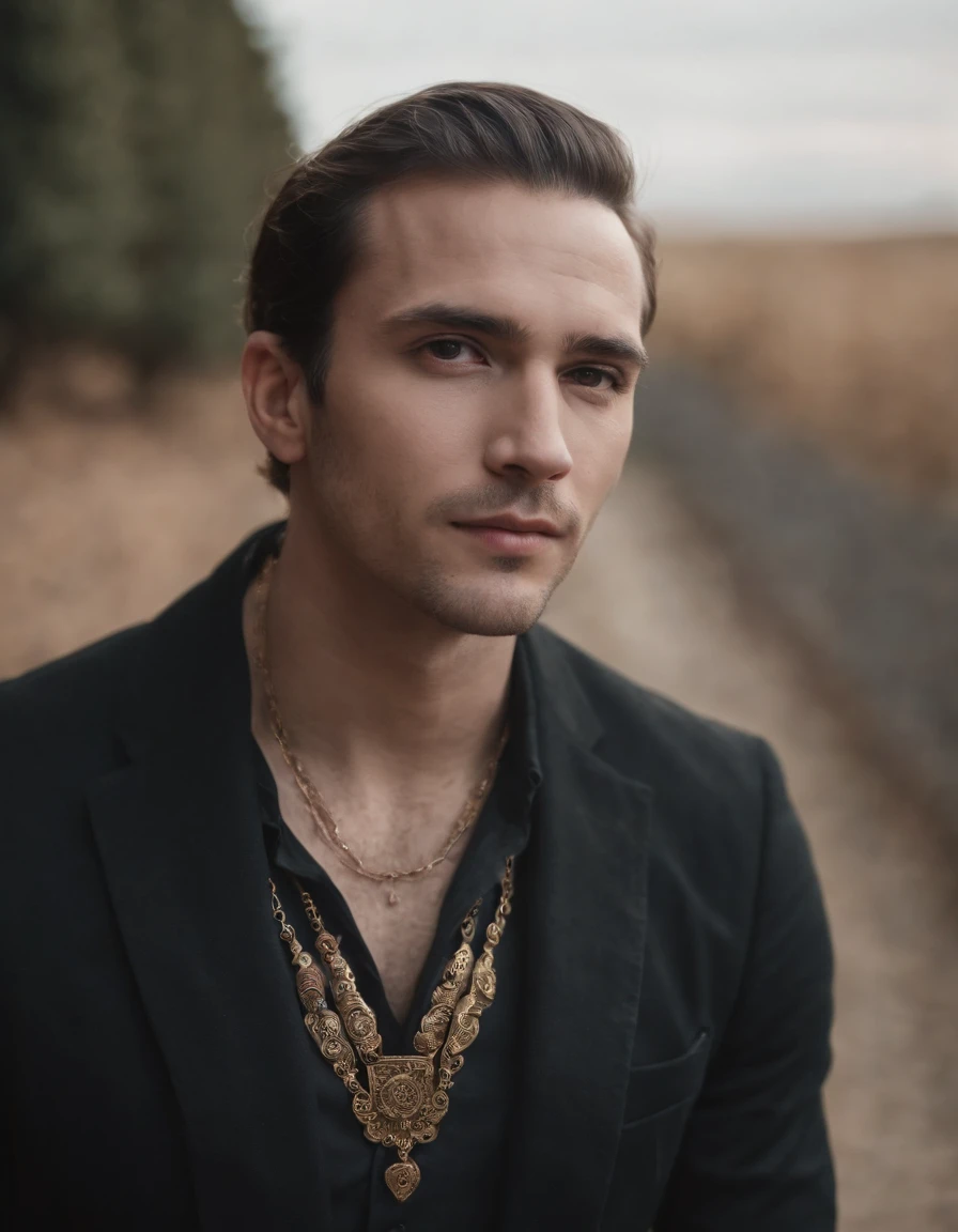 a man posing looking in the direction of the camera surrounded by symphonic instrumentals, in the style of tattoo-inspired, black arts movement, minimal retouching, distinctive noses, polished craftsmanship, dotted, light bronze and bronze,(upper body)