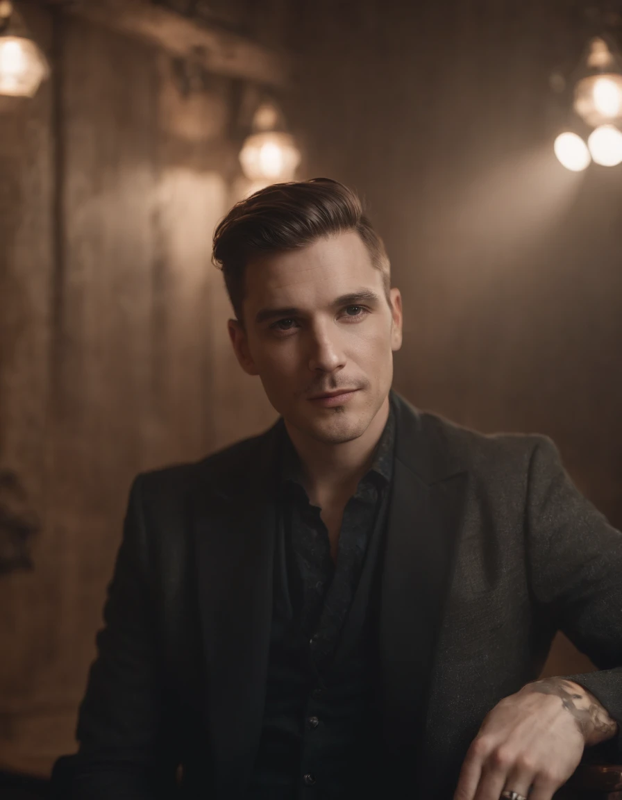 a man posing looking in the direction of the camera surrounded by symphonic instrumentals, in the style of tattoo-inspired, black arts movement, minimal retouching, distinctive noses, polished craftsmanship, dotted, light bronze and bronze,(upper body)