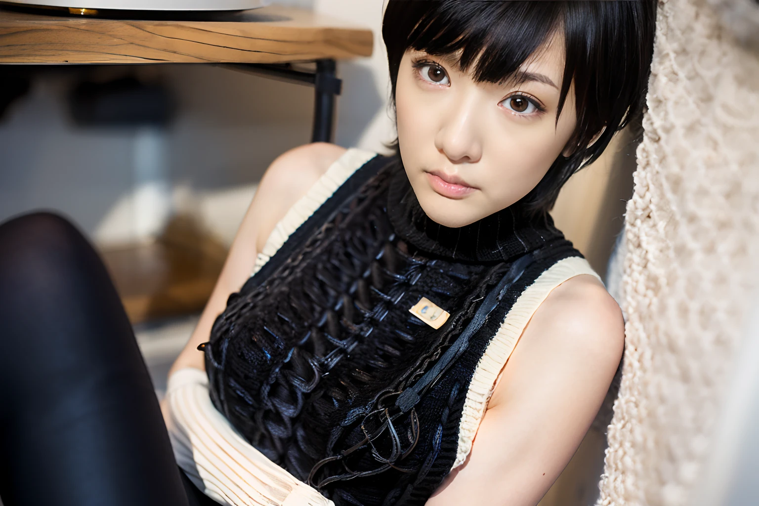((pixie_cut short_hair):1.2), 8K、Raw photography。top-quality、high_quality、Extreme_Detail_Photography、Eye for extreme detail、Super Detail Face、Hair in super detail、Super detail body、(Photography Lighting:1.3)、1girl、Puffy eyes、Eyes in good shape。Brown-eyed、dark brown short hair、good lips、Small lips、Natural_makeup、Raw photo, Best Quality, masutepiece, ultra-detailliert, (cable knit sleeveless turtleneck :1.5), 超A high resolution, Realistic,wide_angle, pouting, tiny head, big breasts, big hips, (thick thighs:1.6), (black leggings:1.4), ((((solo)))), squatting
