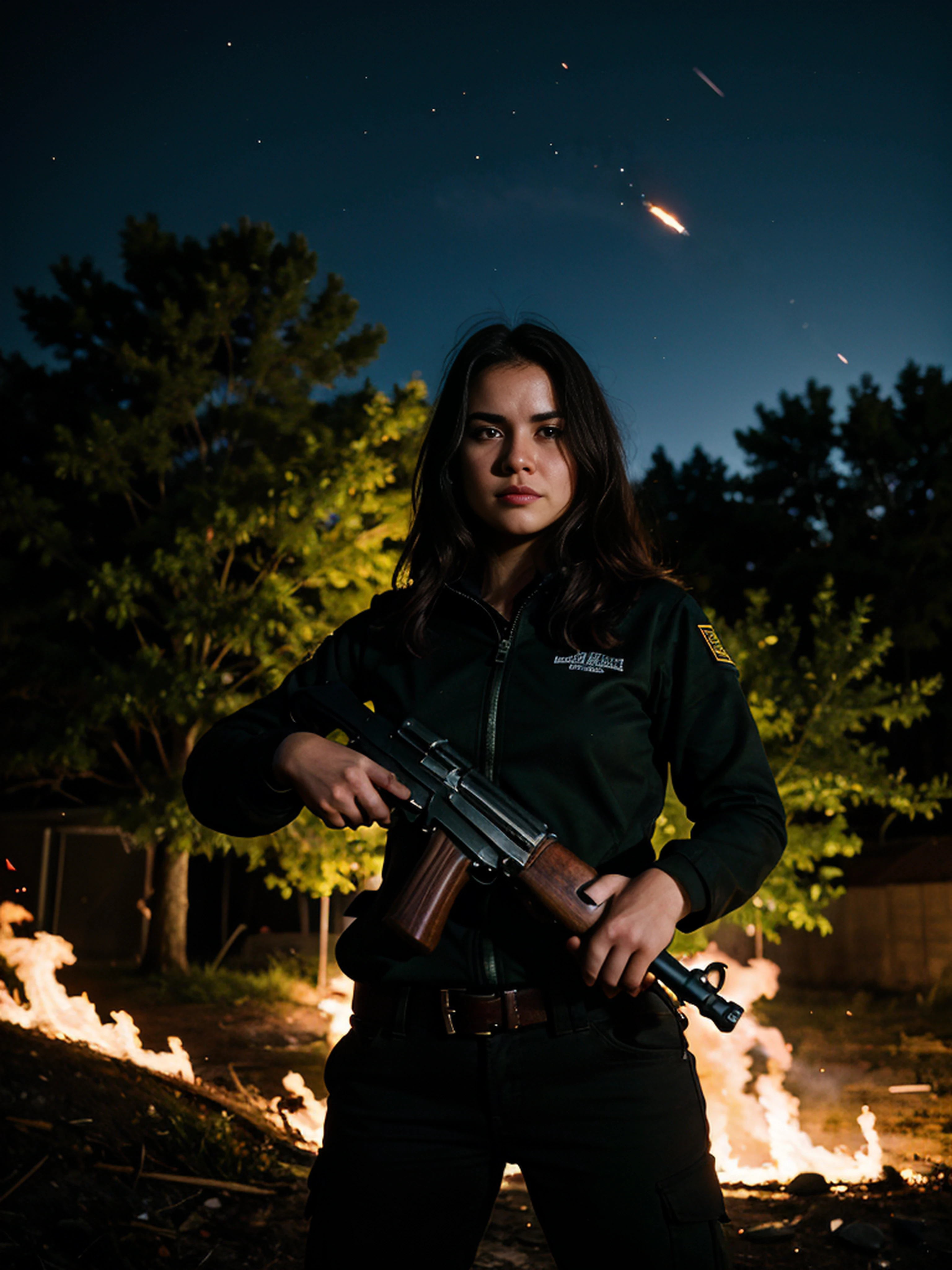 best quality,ultra-detailed,realistic:1.37,highres,masterpiece:1.2,portrait,a girl with an AK47 gun in her hand,detailed facial features,strong expression,intense gaze,dark and moody lighting,gritty atmosphere,high contrast,sharp focus,bold colors,metallic texture on the gun,lush background with trees and bushes,explosions in the distance,smoke and fire in the air,action-packed scene,aggressive stance,confident and fearless demeanor