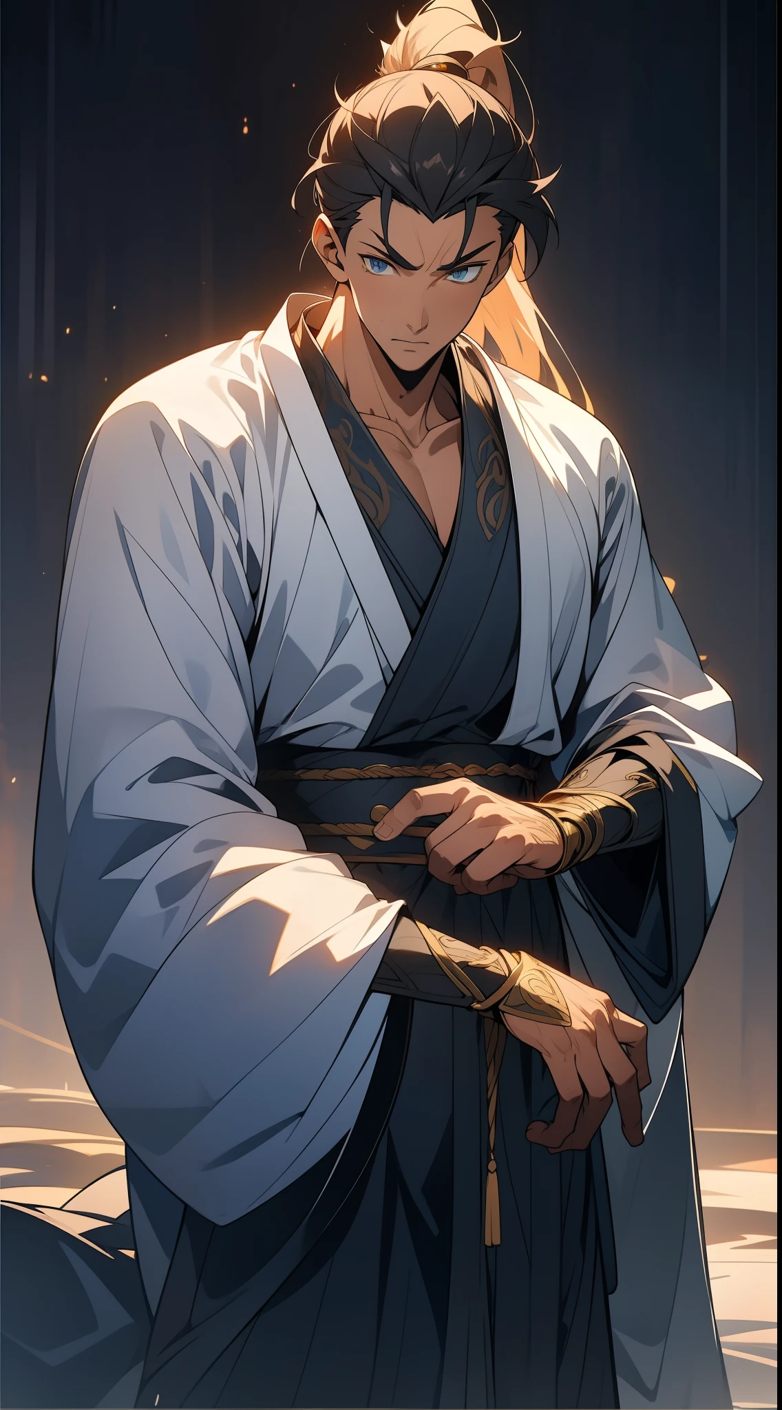 quadratic element，style of anime，mtu（Male Warrior），The proportions are correct，Face details，swordsmen，High ponytail hairstyle，Neck details，There is an Adam's apple，Blue suit，kaftan，long blue robes，clothes details，Handing over，longer sleeves，Game quality，Swordsmanship，Light and shadow tracking，Ray traching，detailed glow，cg render，hair detail，cabelos preto e longos，blue colored eyes，Handsome，Handsome，（juvenile sense），Clothing is complicated，Perfectcomposition，Refinement，high qulity，higher details，Lots of details，The background is complex，a sense of atmosphere，