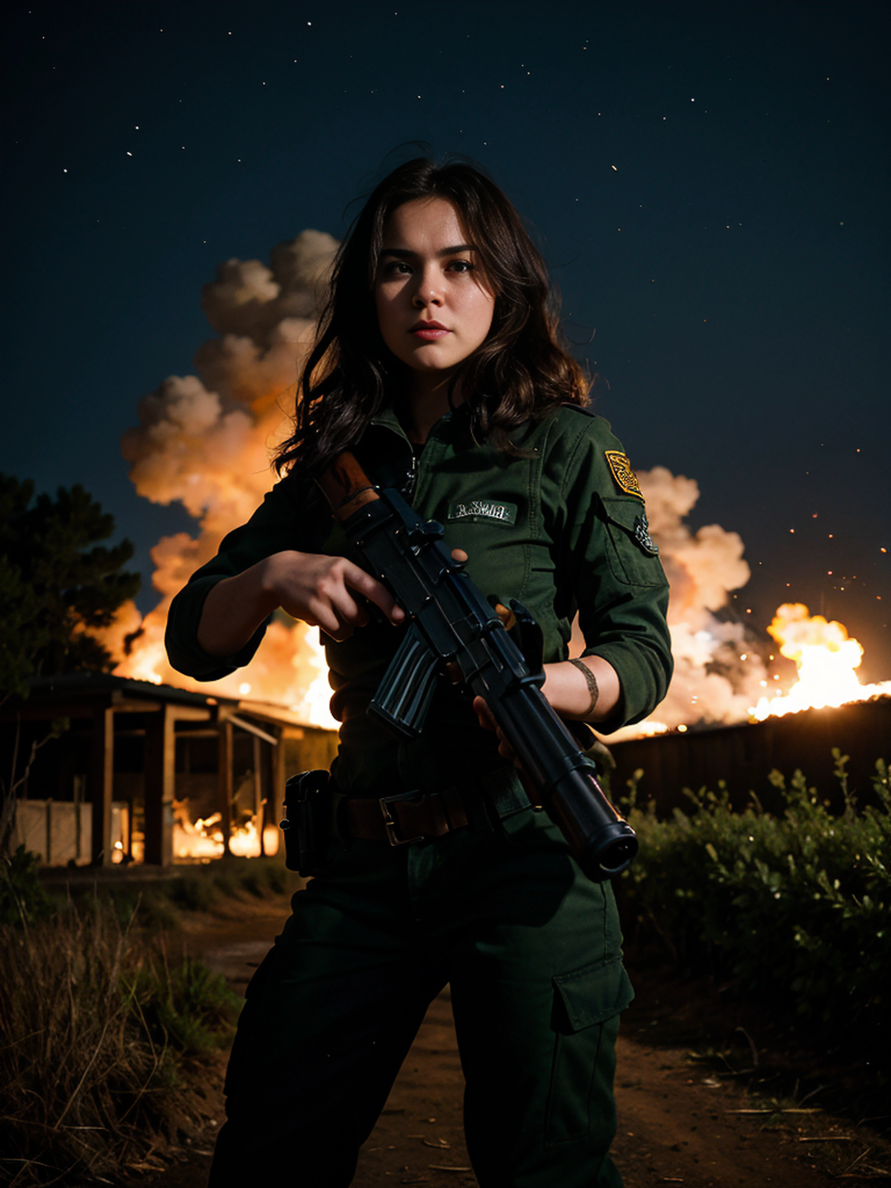 best quality,ultra-detailed,realistic:1.37,highres,masterpiece:1.2,portrait,a girl with an AK47 gun in her hand,detailed facial features,strong expression,intense gaze,dark and moody lighting,gritty atmosphere,high contrast,sharp focus,bold colors,metallic texture on the gun,lush background with trees and bushes,explosions in the distance,smoke and fire in the air,action-packed scene,aggressive stance,confident and fearless demeanor