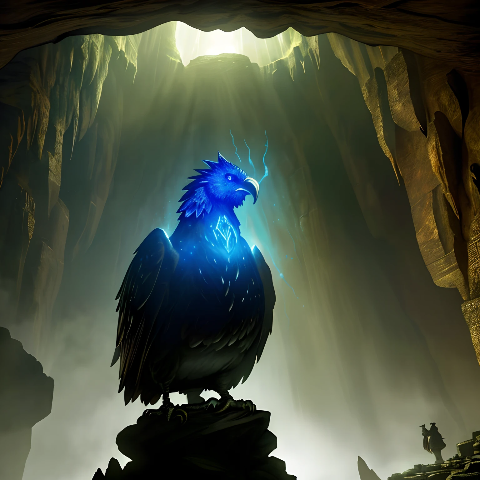 A big chicken,In a deep and mysterious cave,,There are archaeological secrets inside、dark ambiance、Atmospheric lighting、cinmatic lighting、best angle、Hyper-detailing、iintricate、dynamic angle、tmasterpiece、(A scene illuminated by glowing ancient runes)=1.4,looking at viewert,fisheyelens