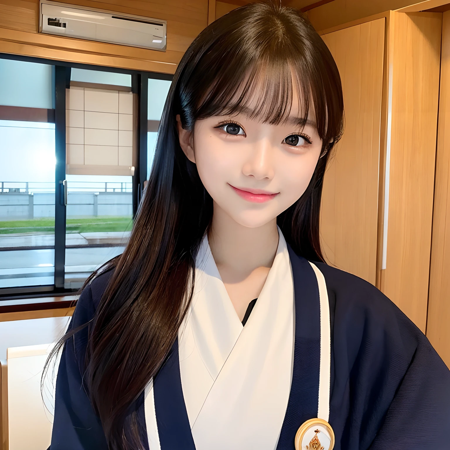 Masterpiece 8k、Top image quality、Symmetrical eyes、drooing eyes、japanaese girl、A smile、Japanese high school girl、japanese sailor suits、Background is a Japan school classroom、Excellent style、8Head and body