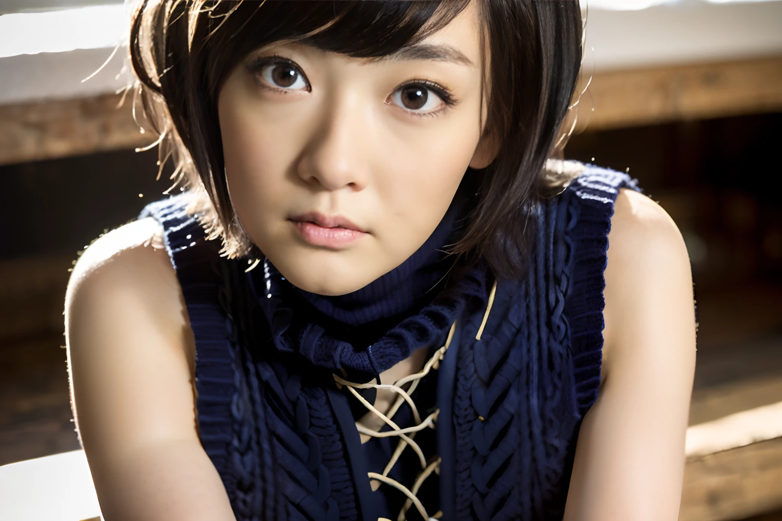((pixie_cut short_hair):1.2), 8K、Raw photography。top-quality、high_quality、Extreme_Detail_Photography、Eye for extreme detail、Super Detail Face、Hair in super detail、Super detail body、(Photography Lighting:1.3)、1girl、Puffy eyes、Eyes in good shape。Brown-eyed、dark brown short hair、good lips、Small lips、Natural_makeup、Raw photo, Best Quality, masutepiece, ultra-detailliert, (cable knit sleeveless turtleneck :1.5), 超A high resolution, Realistic,wide_angle, pouting, tiny head, big breasts, big hips, (thick thighs:1.6), (black leggings), ((((solo)))), squatting