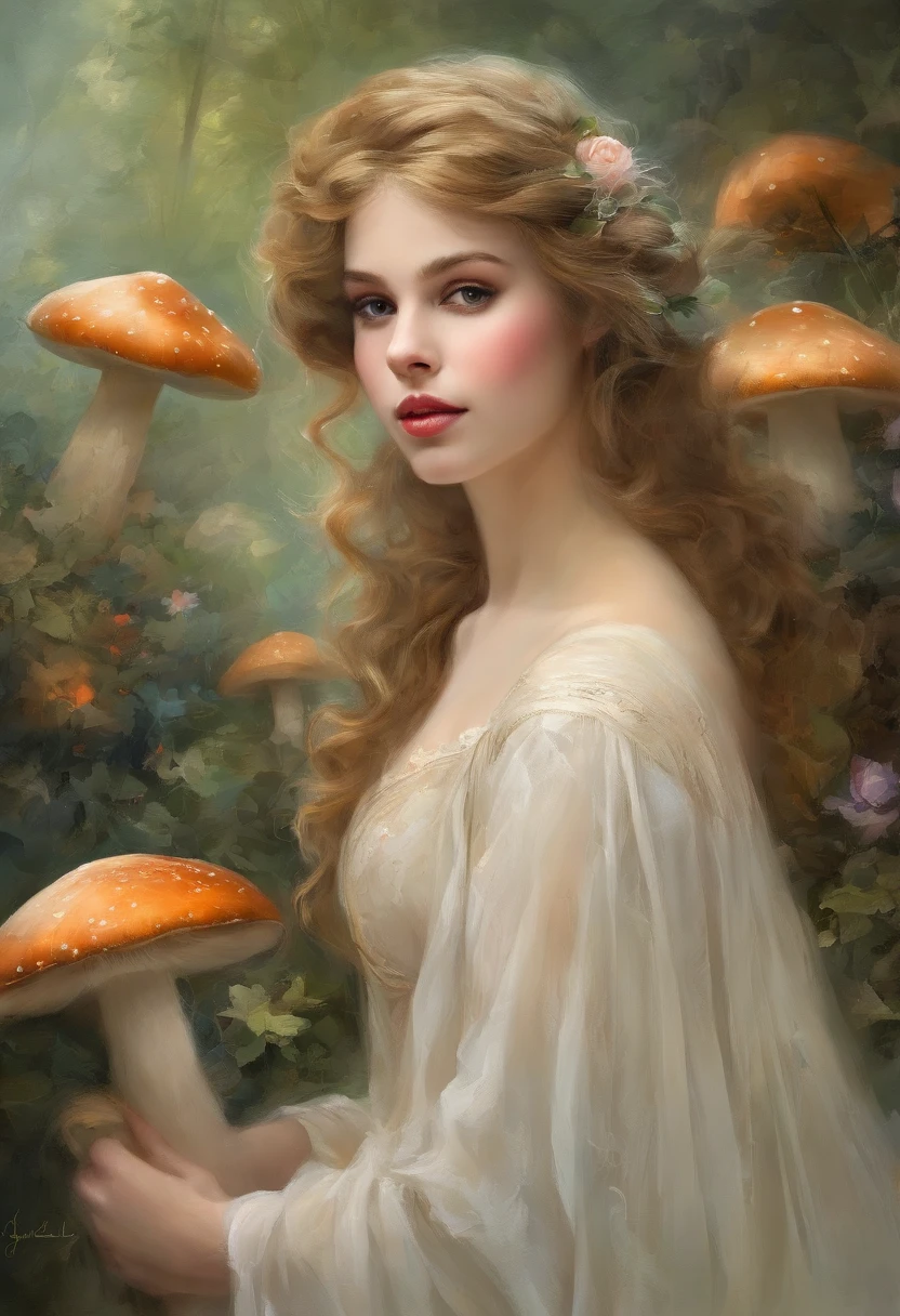 a beautiful nude 20 year old blonde woman with big messy hair, reaching for a glowing mushroom, sitting on a giant glowing mushroom, fantasy art style, cartoon vibrant, cute detailed digital art, colorful digital fantasy art, digital fantasy art ), glossy digital painting, pastel vibrant