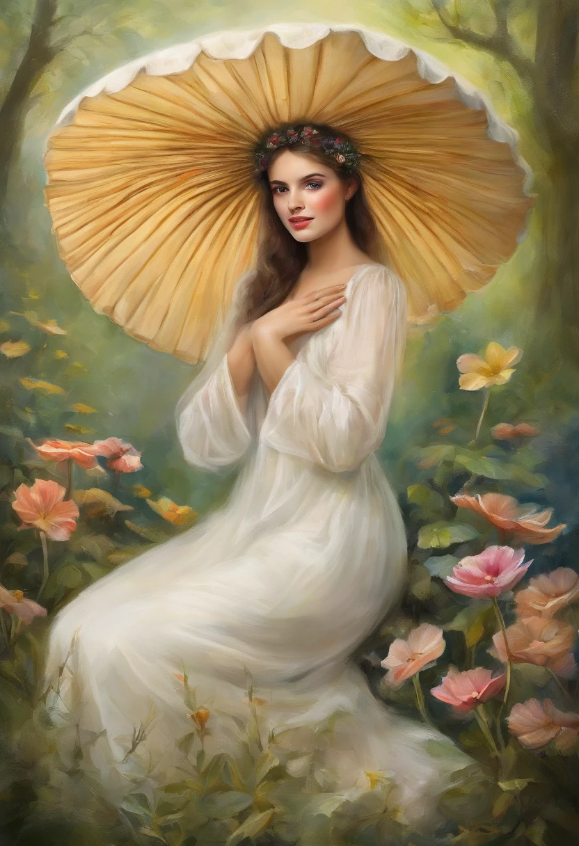 Masterpiece:1.4),, (Best quality:1.4),, Ultra-high RES,, 8K, CG,, (Extremely delicate and beautiful:1.2),,The upper part of the body,, 1girll,, Solo,, fashi-girl,, Thumbelina,Little princess,Blue taffeta court dress,Under huge mushrooms,forest backgrou ,Delicate depiction of facial features,almond eyes,Delicate eyeliner。long eyelasher,greene eyes,Black pupils,There is starlight in the eyes,Delicate lip detailing,Oil painting quality,Thick painting style