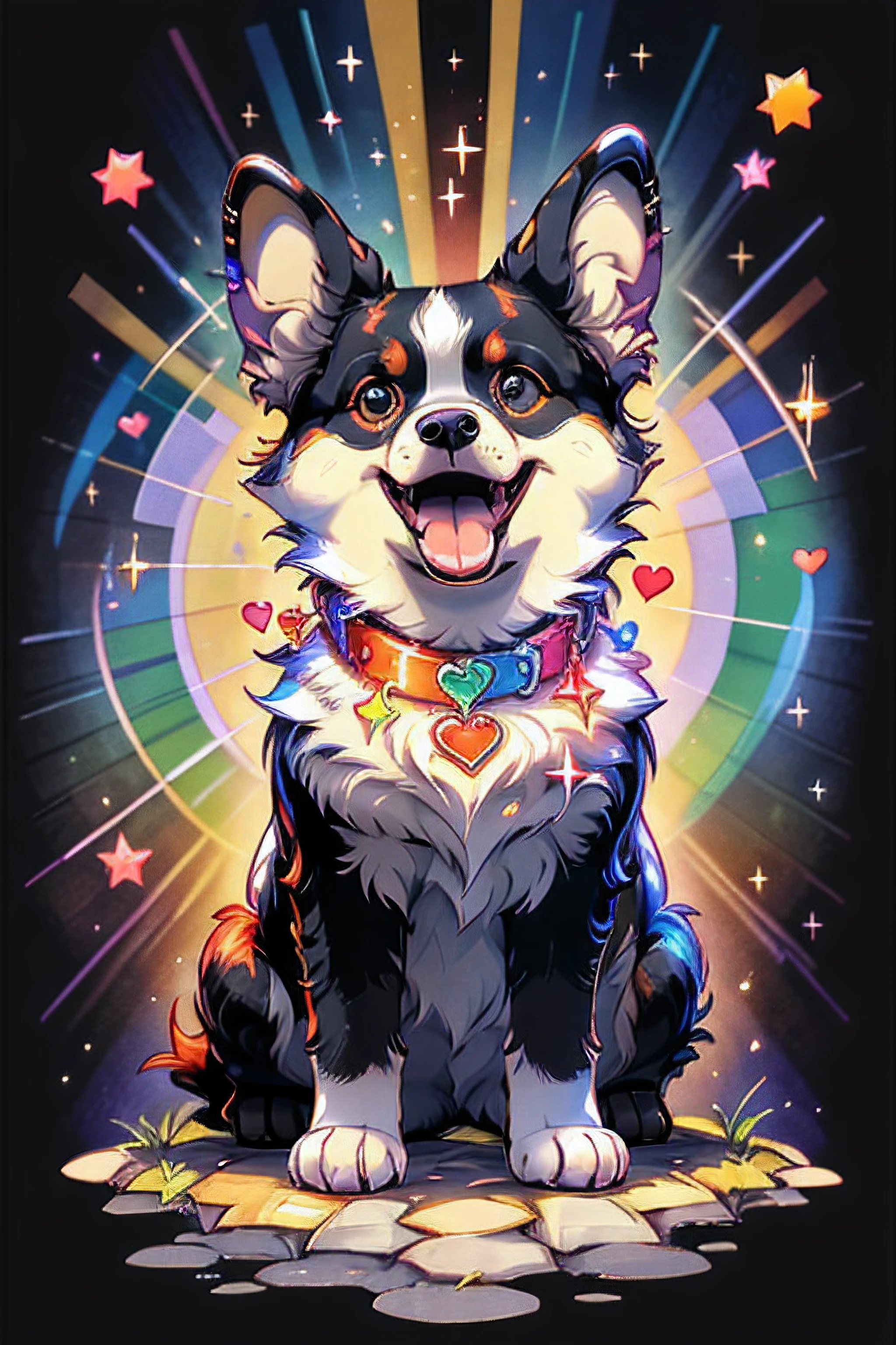 Niji Pride, solo, smile, open mouth, tail, heart, tongue, tongue out, star (symbol), collar, no humans, sparkle, fangs, looking up, dog, animal focus, sparkling eyes, fluffy
