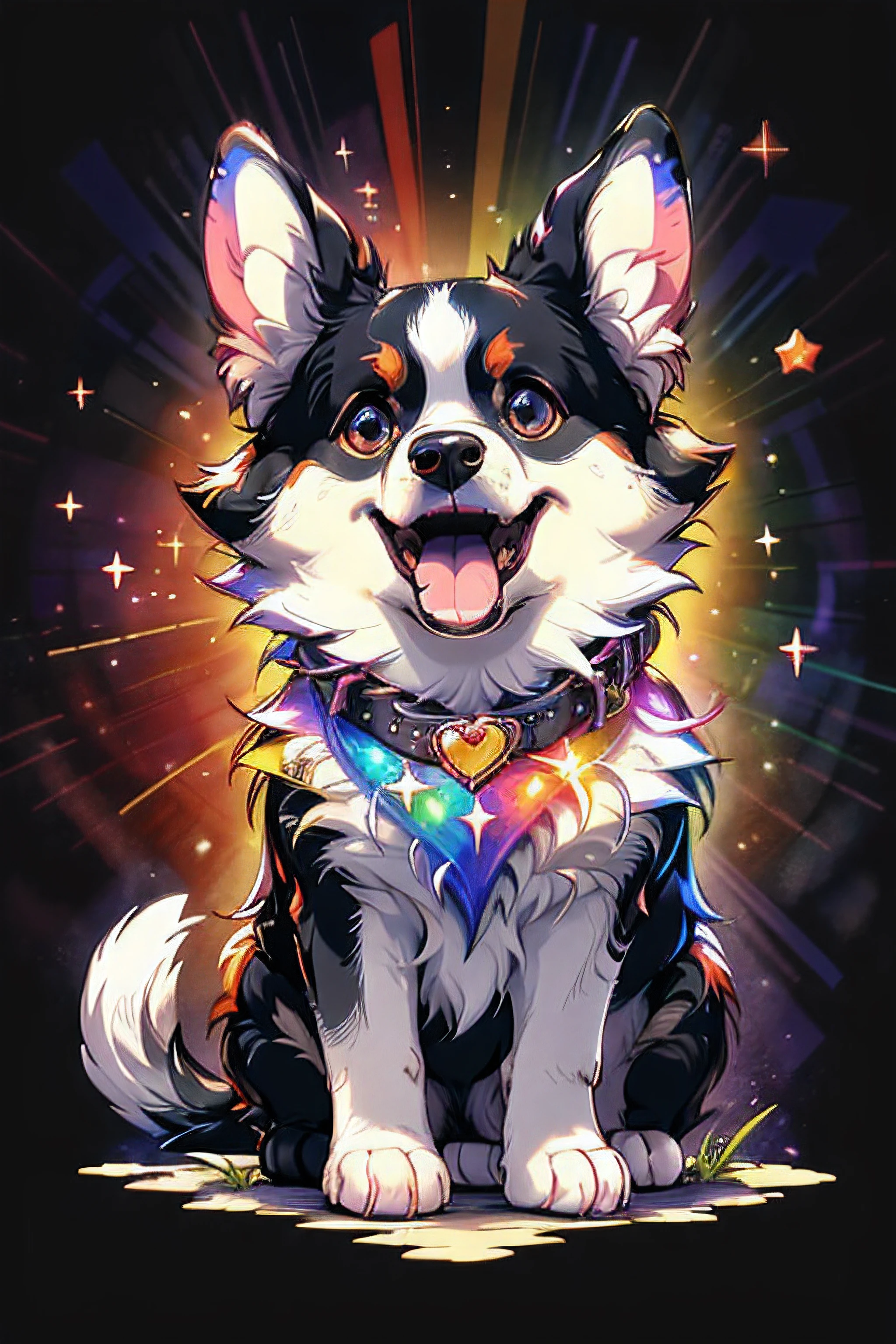 Niji Pride, solo, smile, open mouth, tail, heart, tongue, tongue out, star (symbol), collar, no humans, sparkle, fangs, looking up, dog, animal focus, sparkling eyes, fluffy