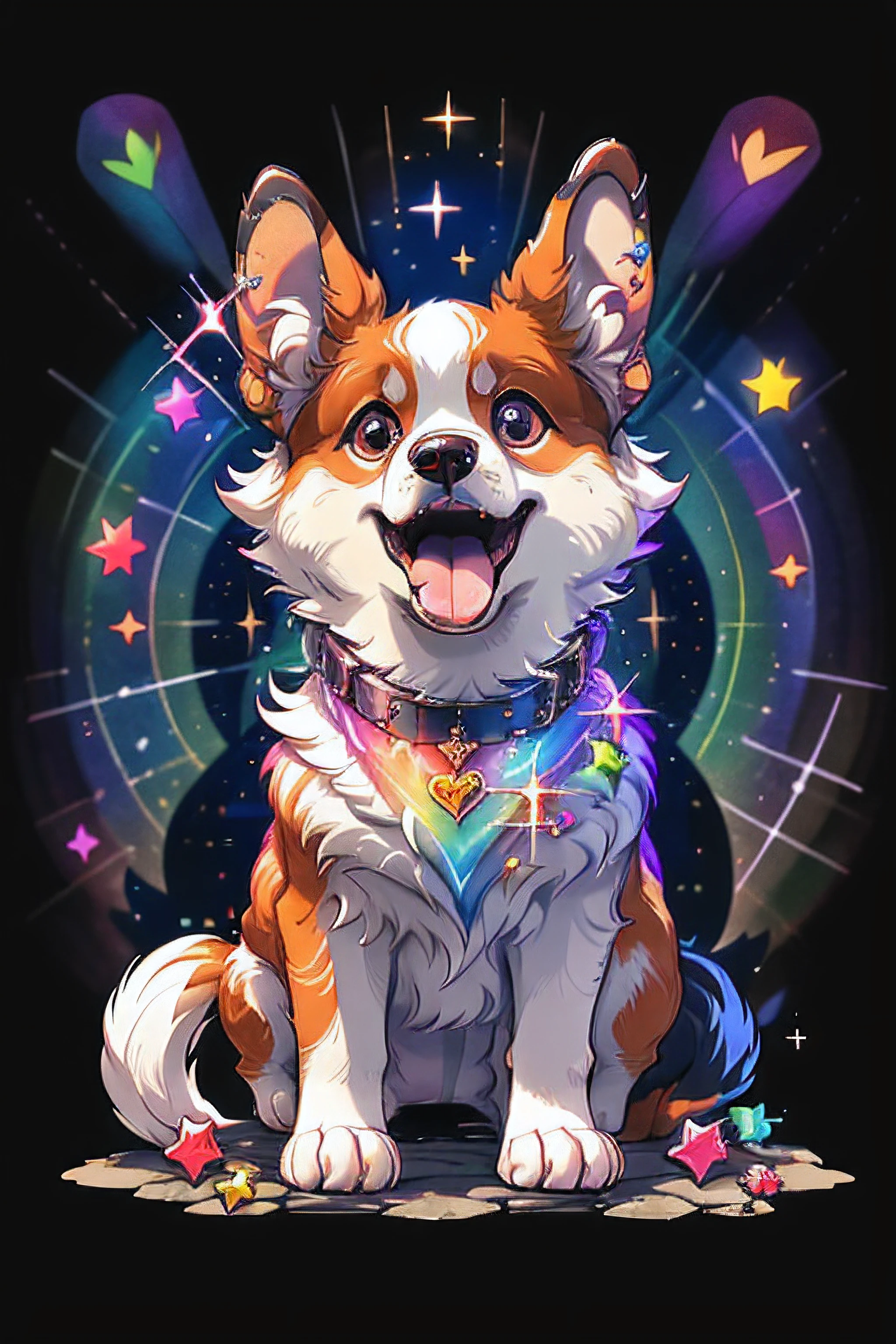 Niji Pride, solo, smile, open mouth, tail, heart, tongue, tongue out, star (symbol), collar, no humans, sparkle, fangs, looking up, dog, animal focus, sparkling eyes, fluffy