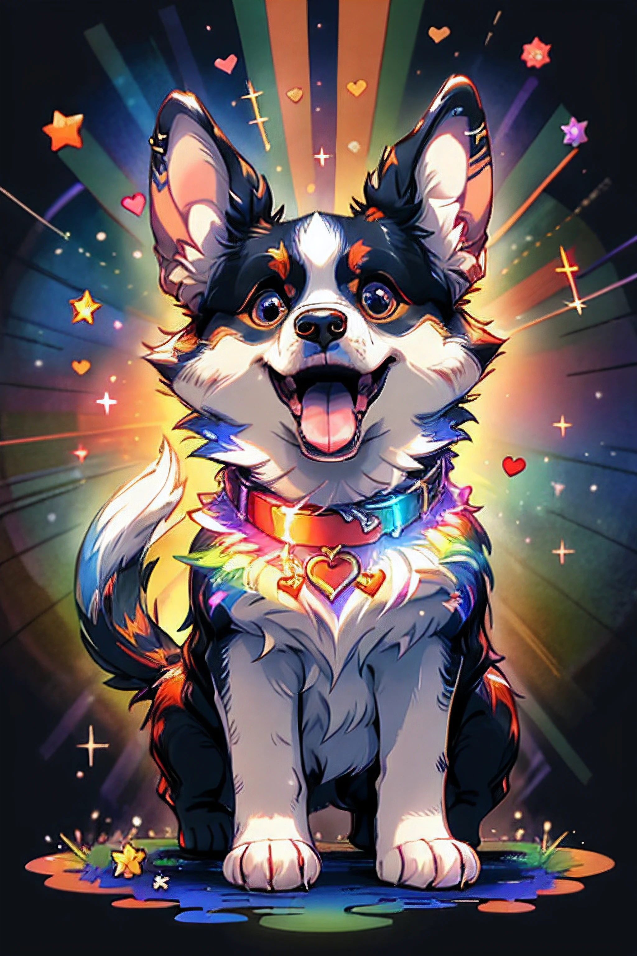 Niji Pride, solo, smile, open mouth, tail, heart, tongue, tongue out, star (symbol), collar, no humans, sparkle, fangs, looking up, dog, animal focus, sparkling eyes, fluffy